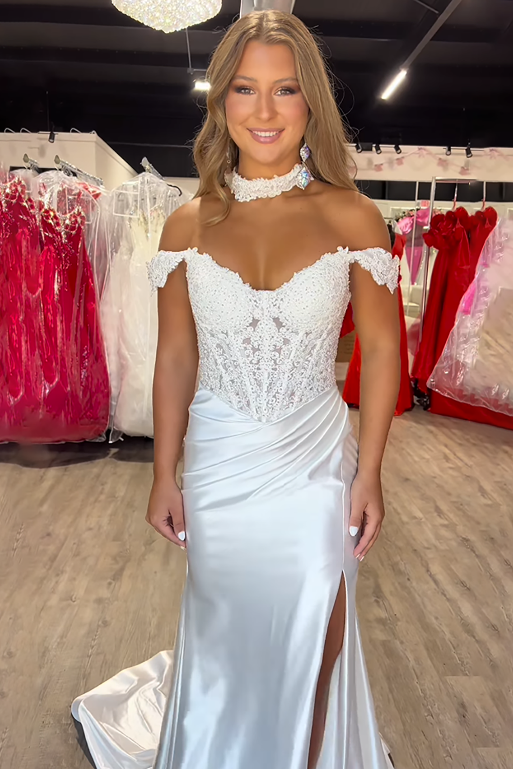 White Off the Shoulder Satin Detachable Cape Mermaid Long Prom Dress with Slit