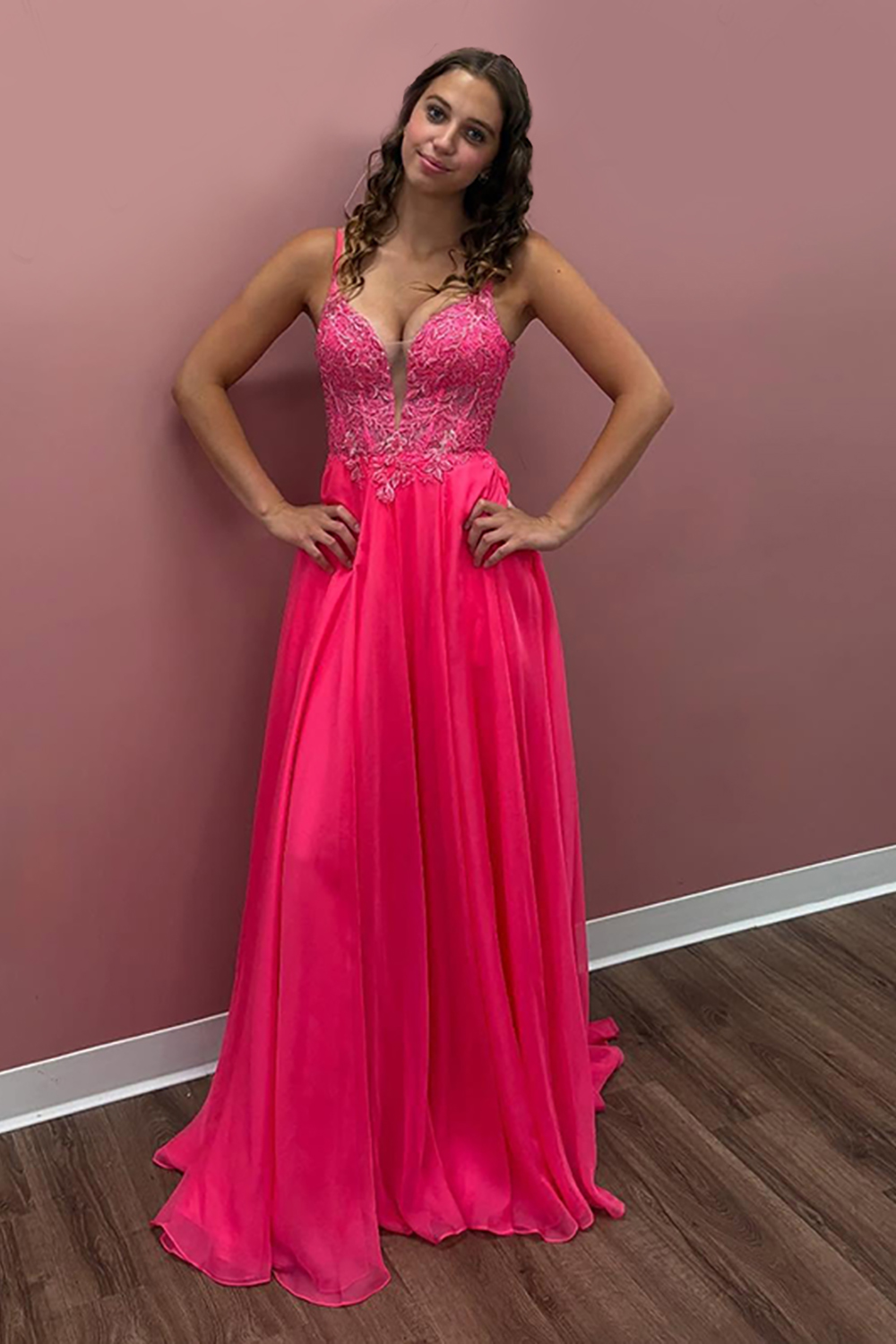 Coral Spaghetti Straps Chiffon A-Line Long Corset Prom Dress with Appliques