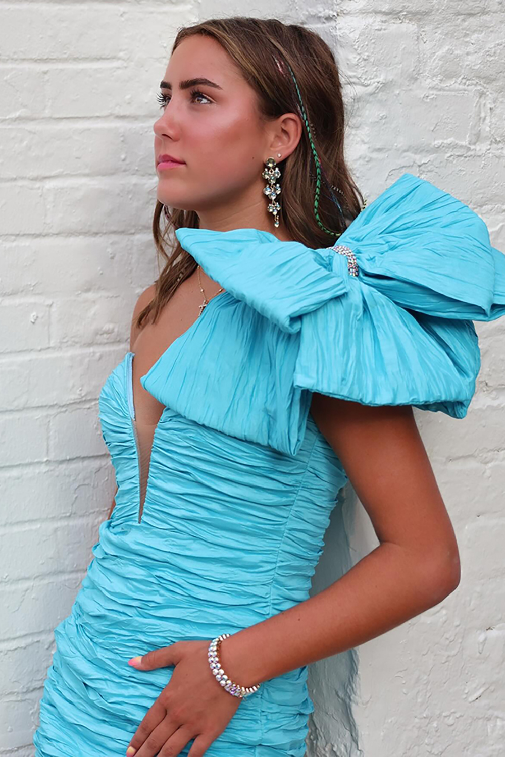 Blue One Shoulder Ruched Tight Short Homecoming Dress with Bow