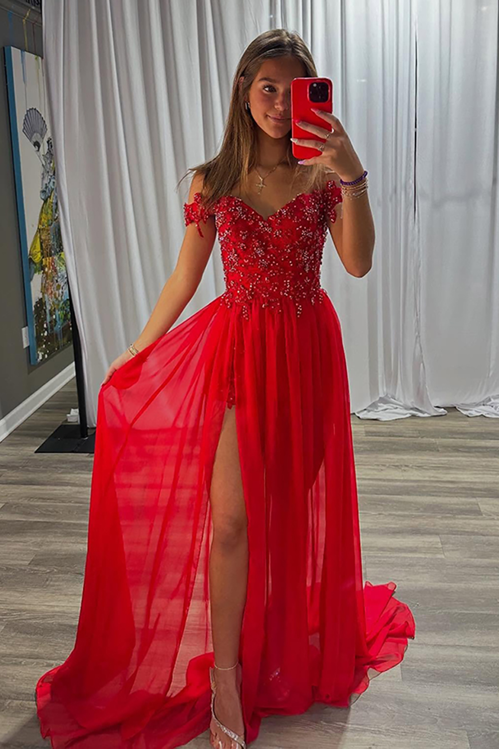 Sparkly Red Off the Shoulder Chiffon A-Line Long Prom Dress with Beading