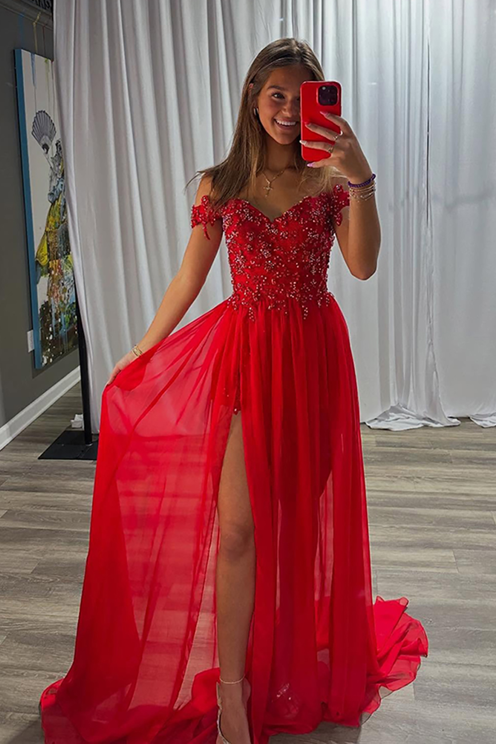 Sparkly Red Off the Shoulder Chiffon A-Line Long Prom Dress with Beading