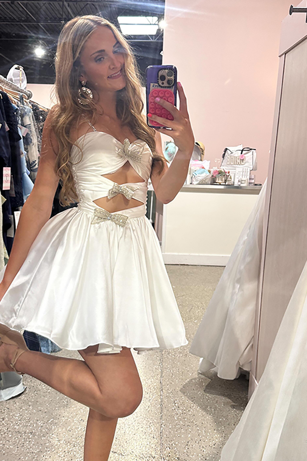 White Sweetheart Satin Cut-Out A-Line Short Homecoming Dress with Bows