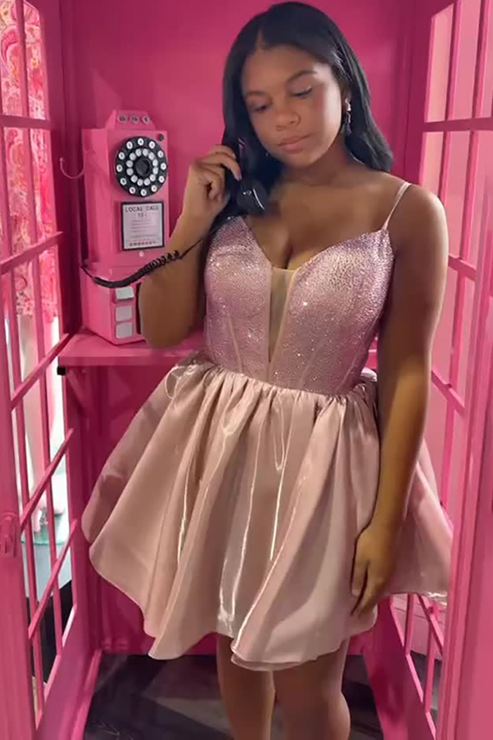 Sparkly Champagne Spaghetti Straps Satin Corset A-Line Short Homecoming Dress with Beading