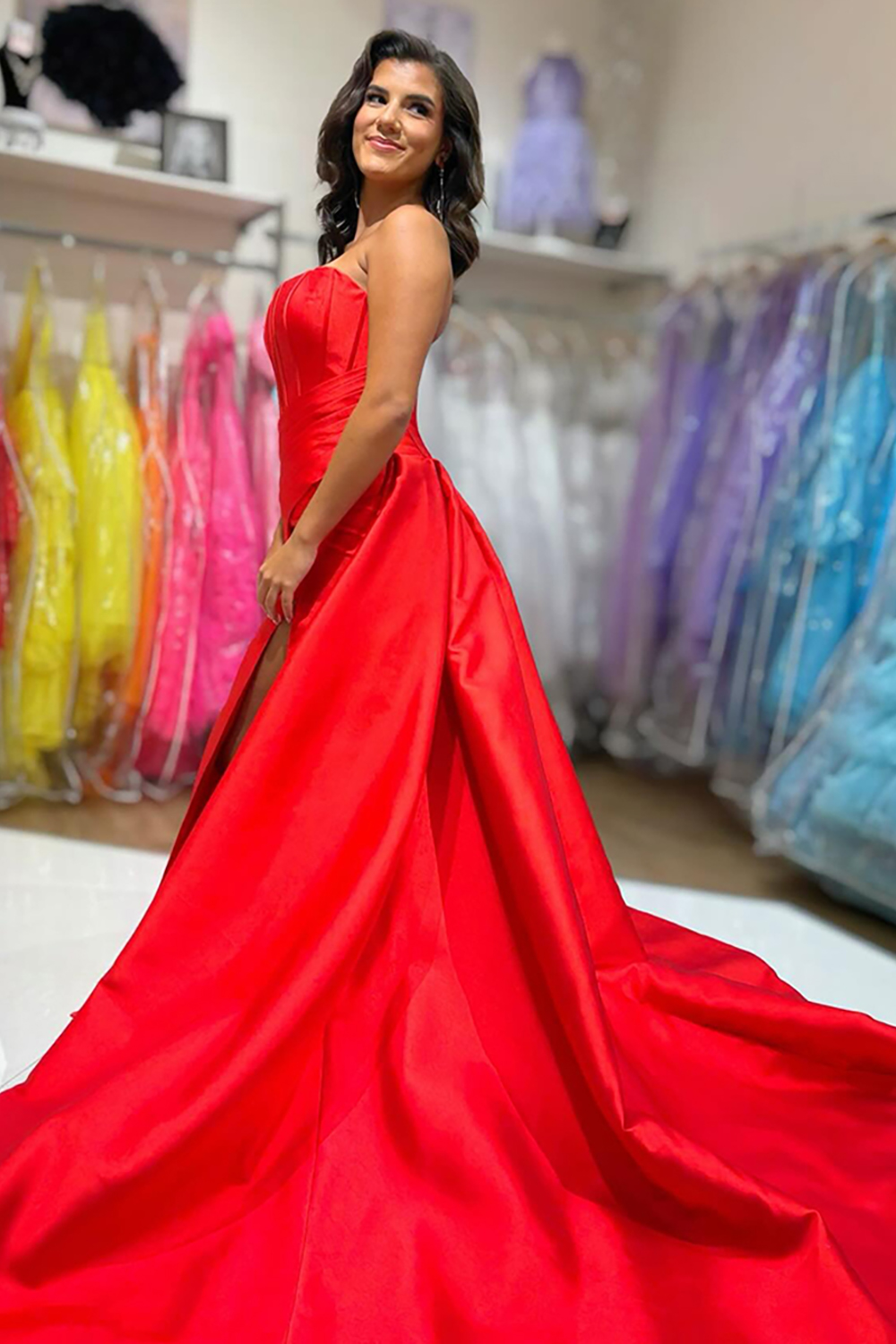 Red Strapless Satin A-Line Long Corset Prom Dress with Cape
