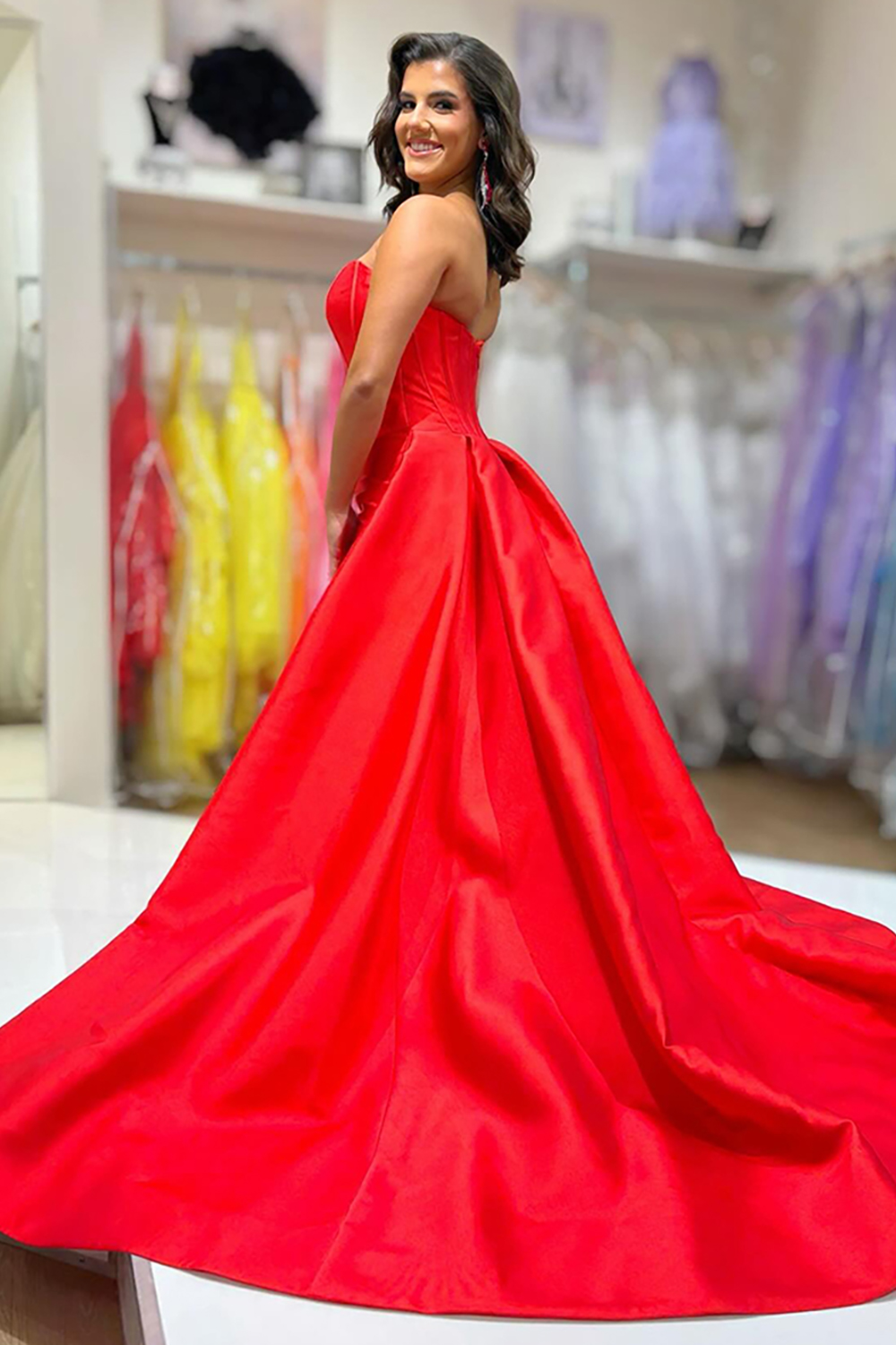 Red Strapless Satin A-Line Long Corset Prom Dress with Cape