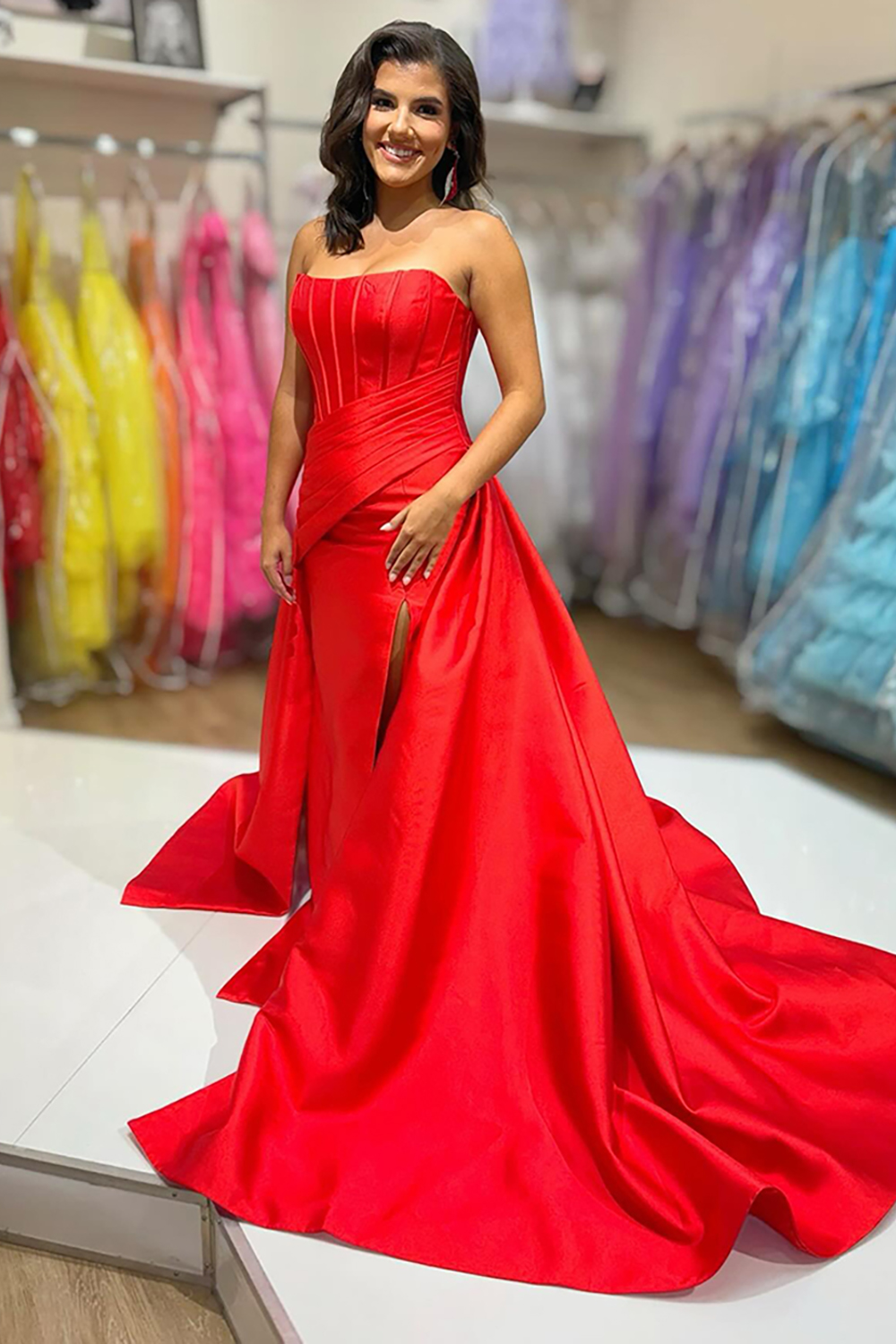 Red Strapless Satin A-Line Long Corset Prom Dress with Cape