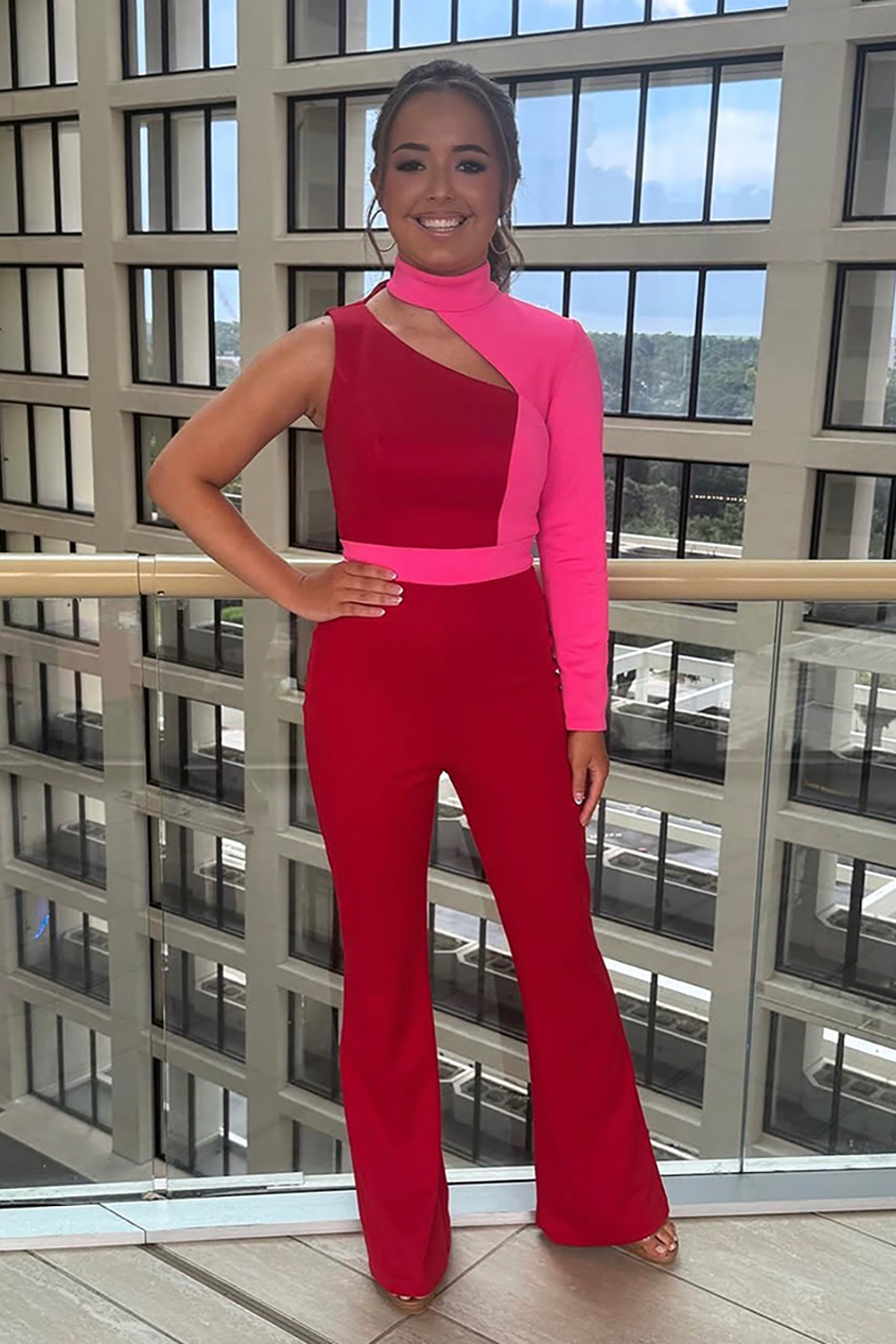 Dark Red High Neck Satin Long Prom Jumpsuits with Sleeves
