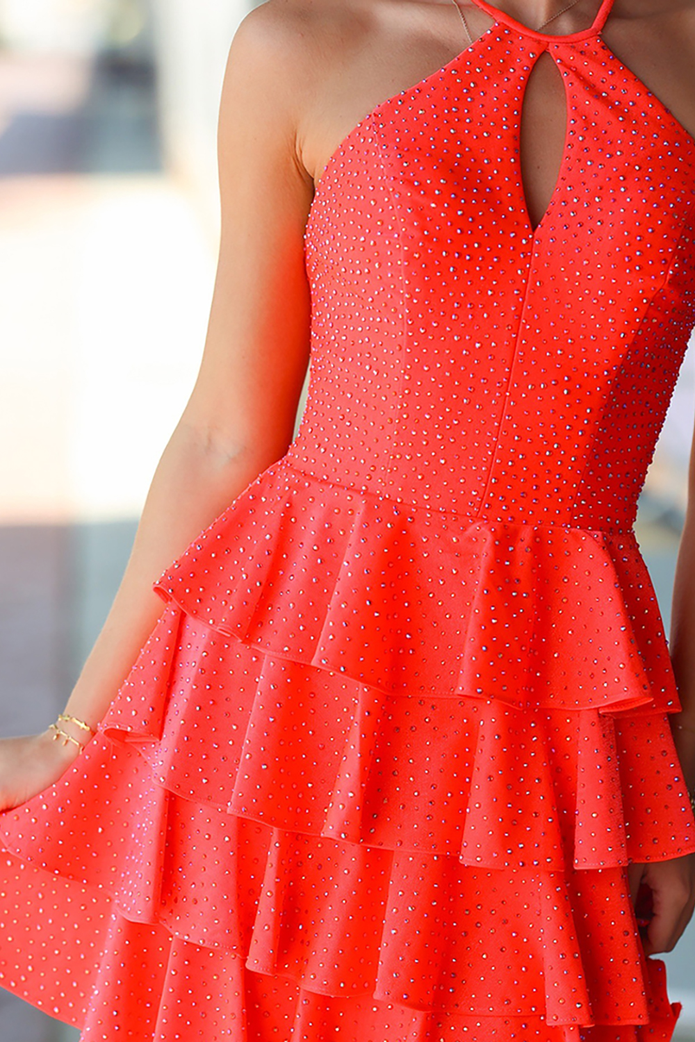 Sparkly Orange Halter A-Line Ruffled Short Homecoming Dress with Beading