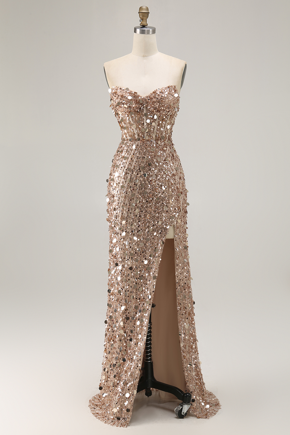 Sparkly Champagne Sweetheart Beaded Mermaid Long Corset Prom Dress with Slit