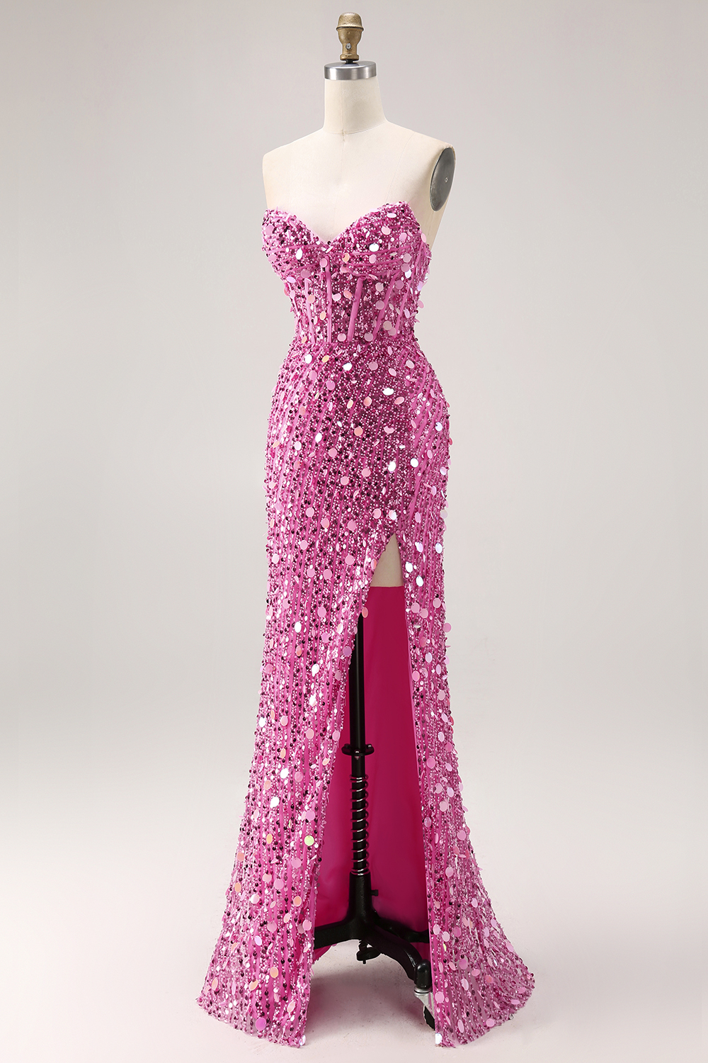 Sparkly Champagne Sweetheart Beaded Mermaid Long Corset Prom Dress with Slit