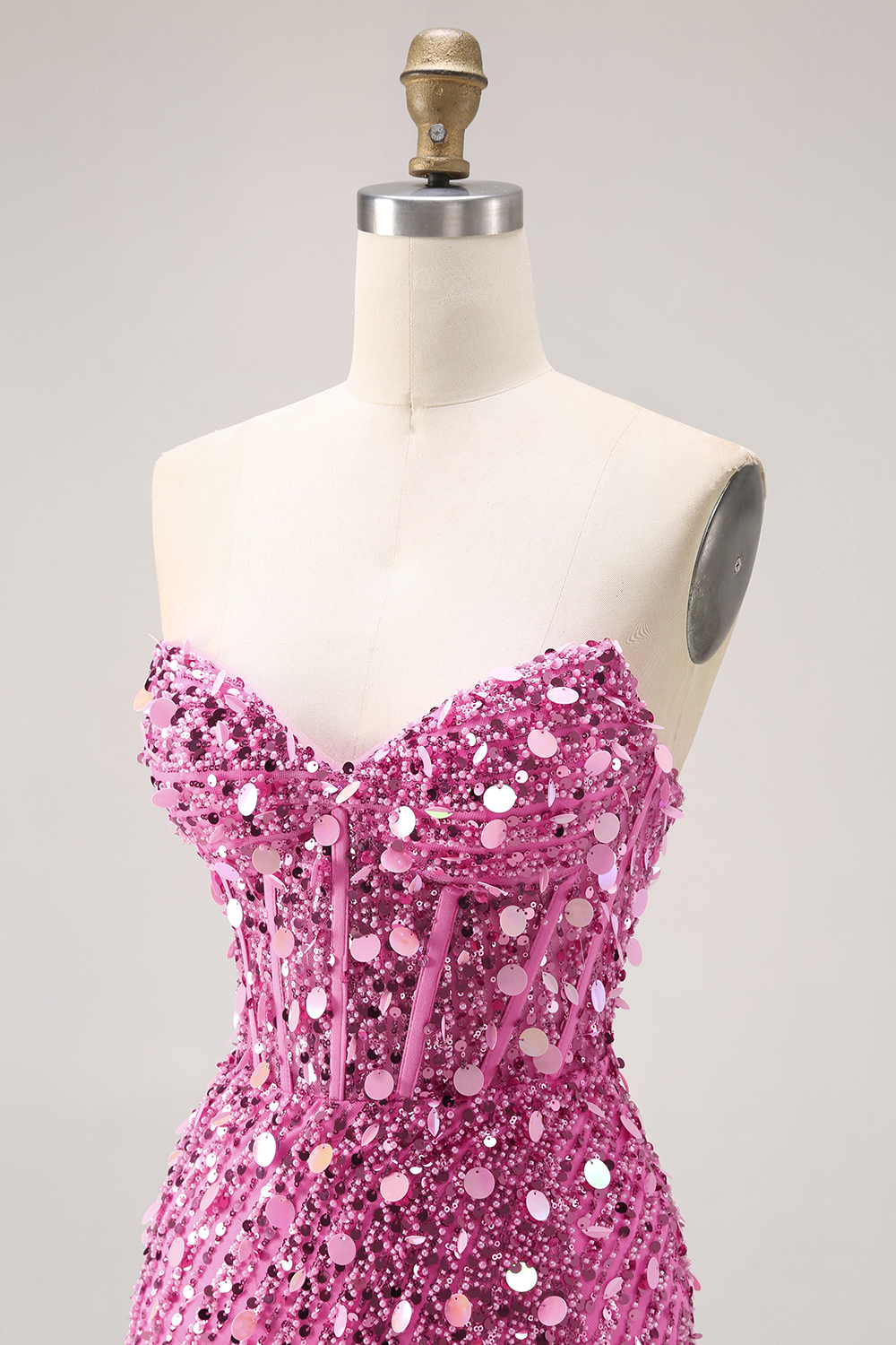 Sparkly Champagne Sweetheart Beaded Mermaid Long Corset Prom Dress with Slit