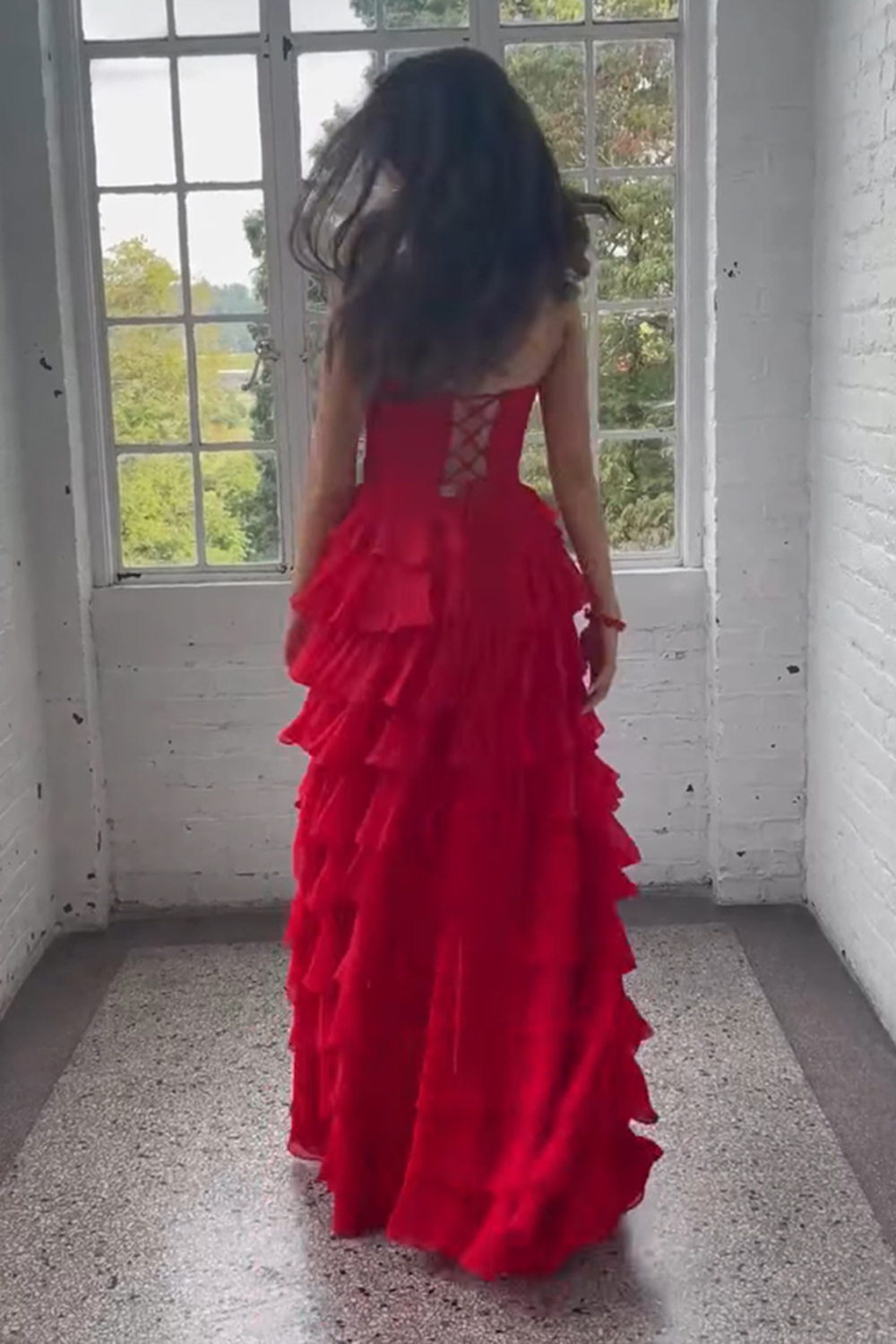 Red Sweetheart Chiffon Ruffled A-Line Long Prom Dress with Slit