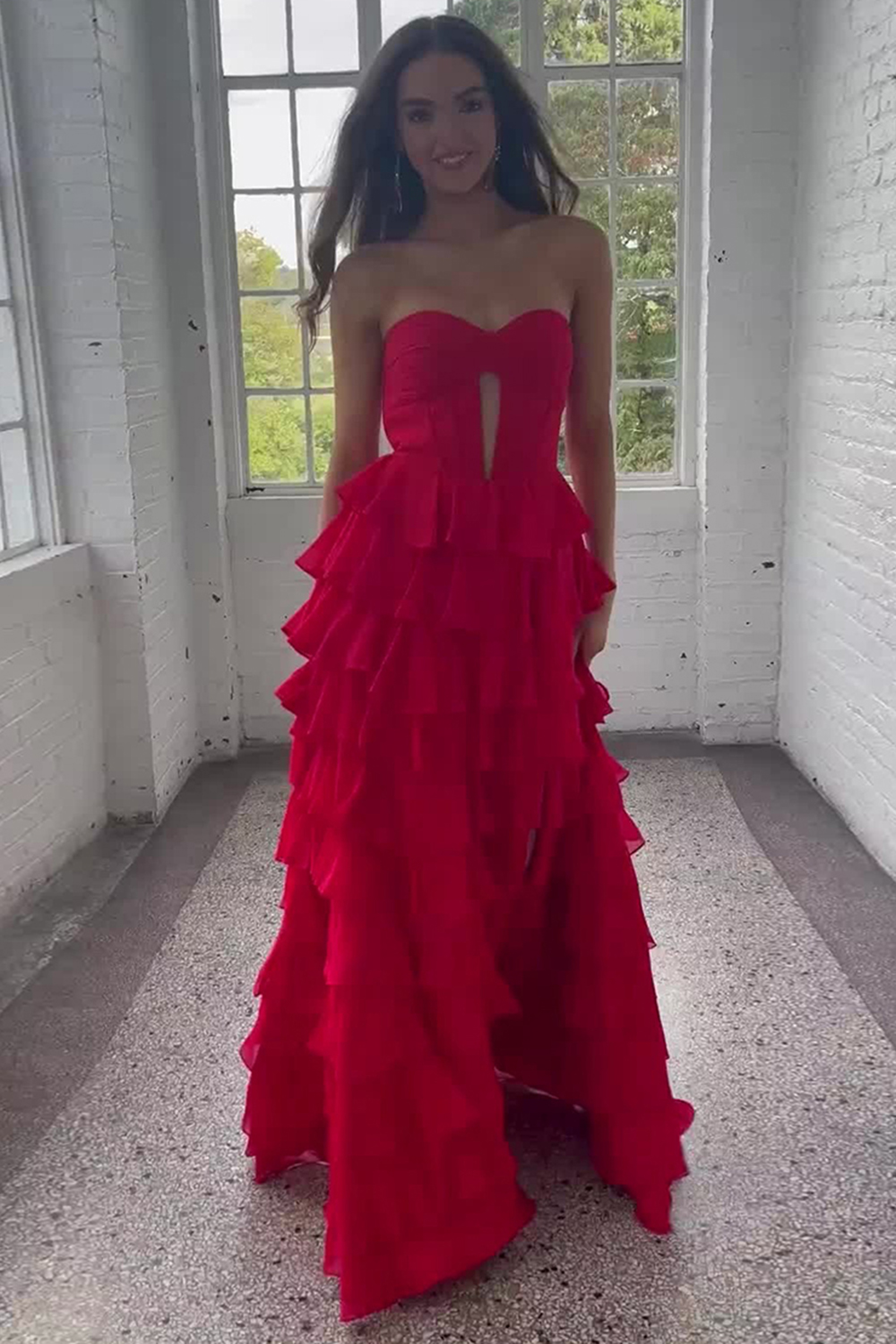 Red Sweetheart Chiffon Ruffled A-Line Long Prom Dress with Slit