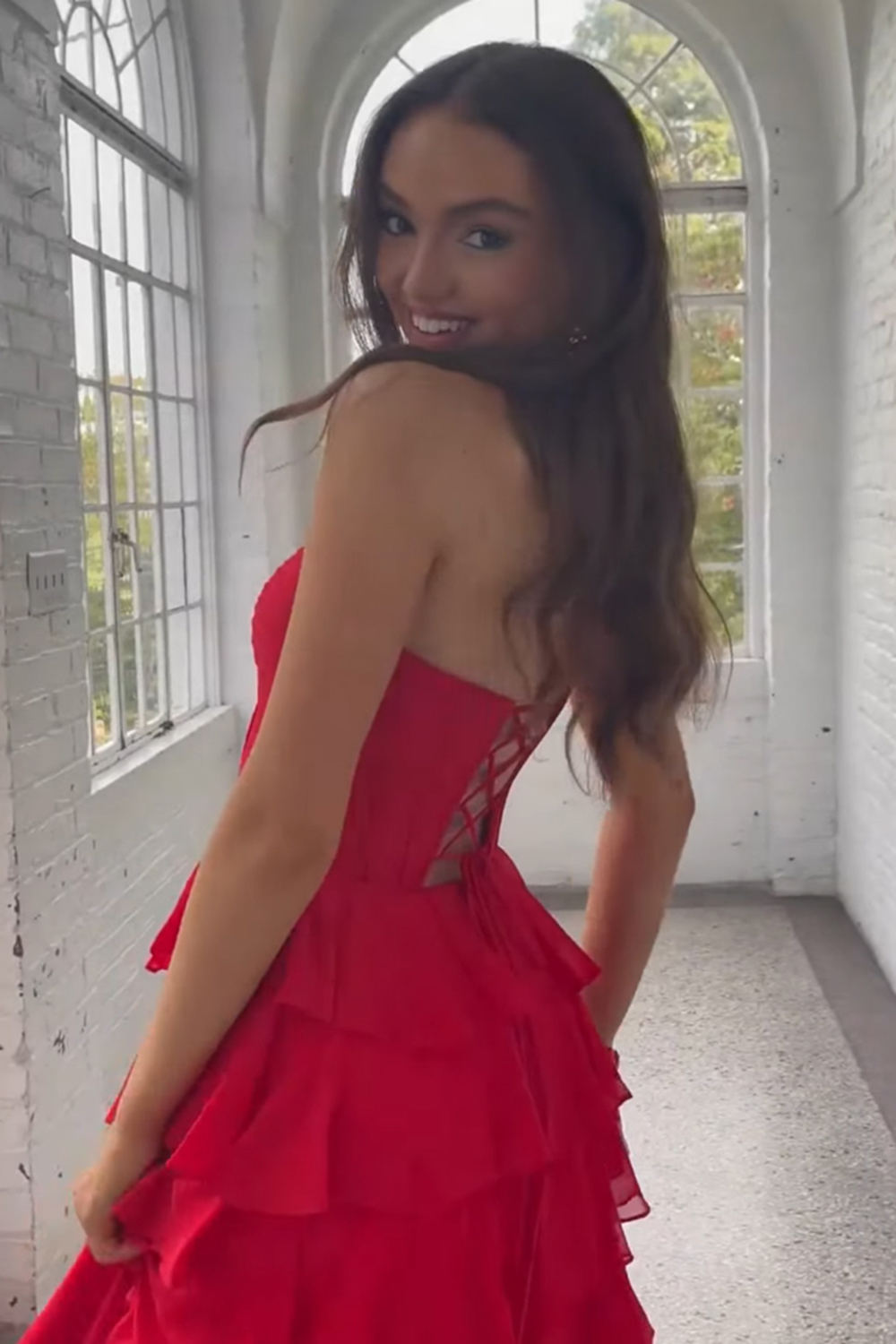 Red Sweetheart Chiffon Ruffled A-Line Long Prom Dress with Slit