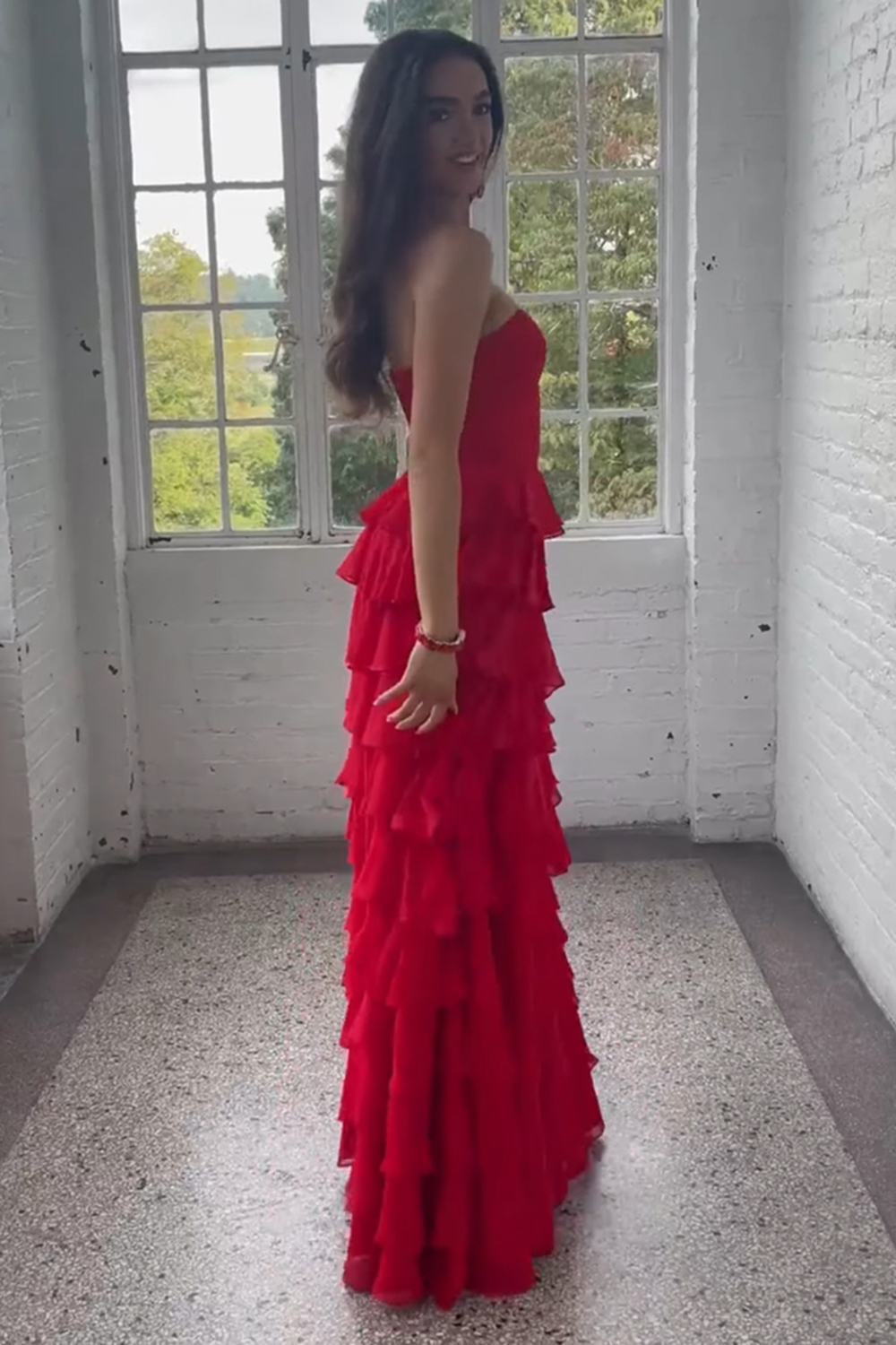 Red Sweetheart Chiffon Ruffled A-Line Long Prom Dress with Slit