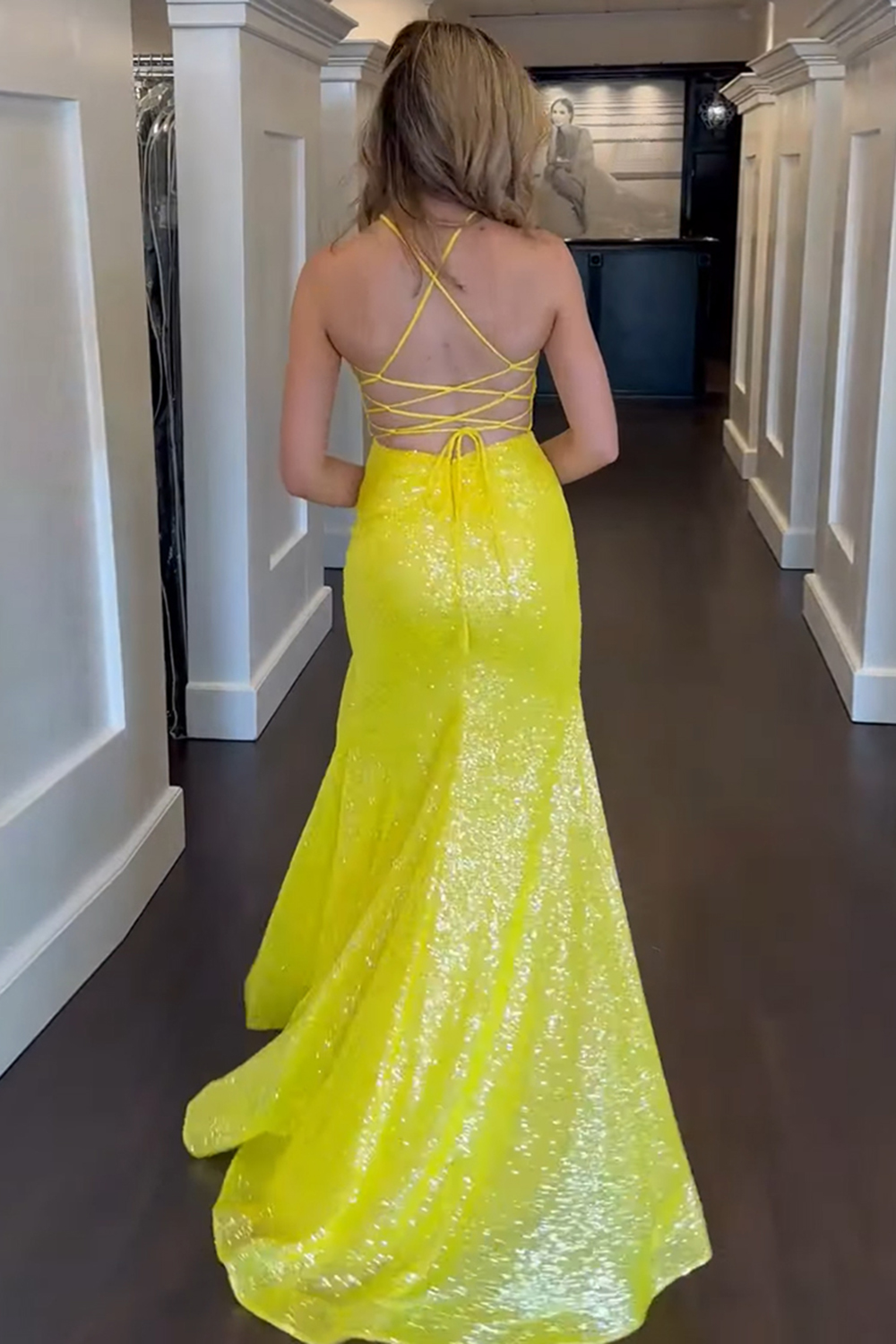 [Copy]Yellow Spaghetti Straps Satin Mermaid Long Prom Dress with Slit