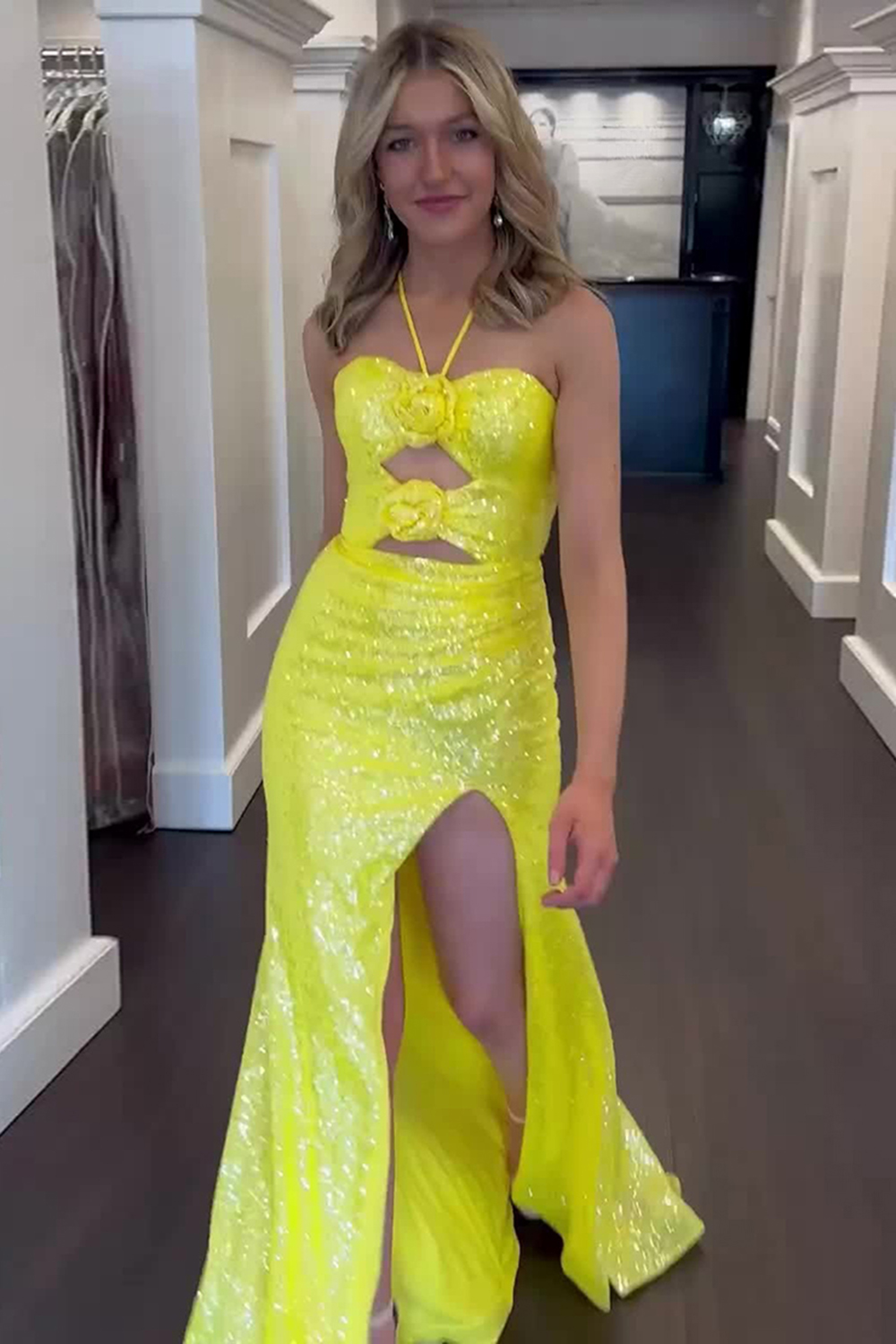 [Copy]Yellow Spaghetti Straps Satin Mermaid Long Prom Dress with Slit