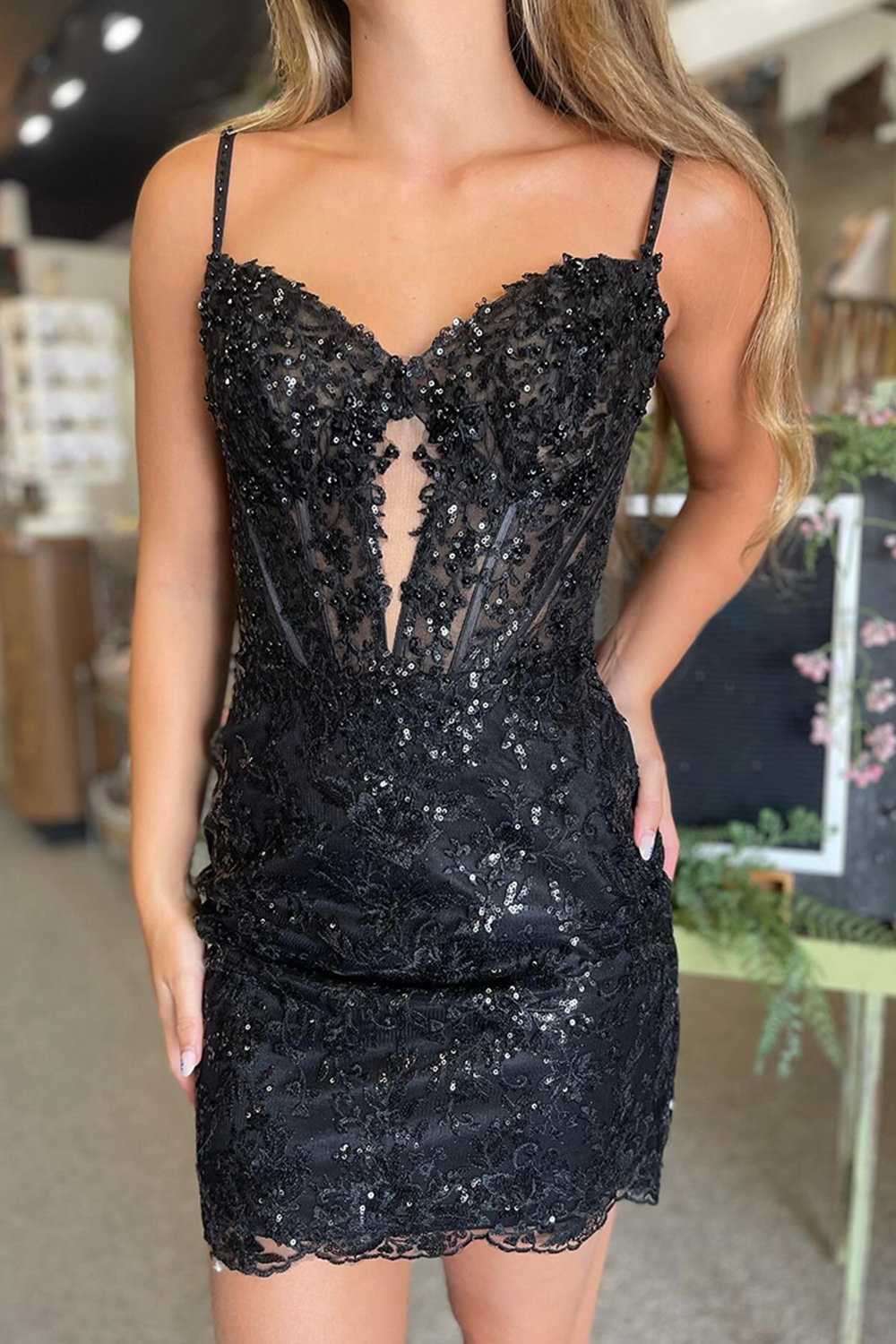 Sparkly Black Spaghetti Straps Appliqued Short Tight Homecoming Dress with Sequins
