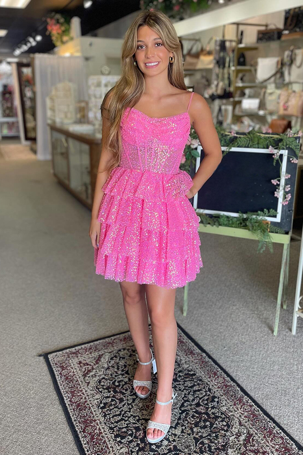 Sparkly Pink Spaghetti Straps Ruffled A-Line Corset Short Homecoming Dress with Sequins