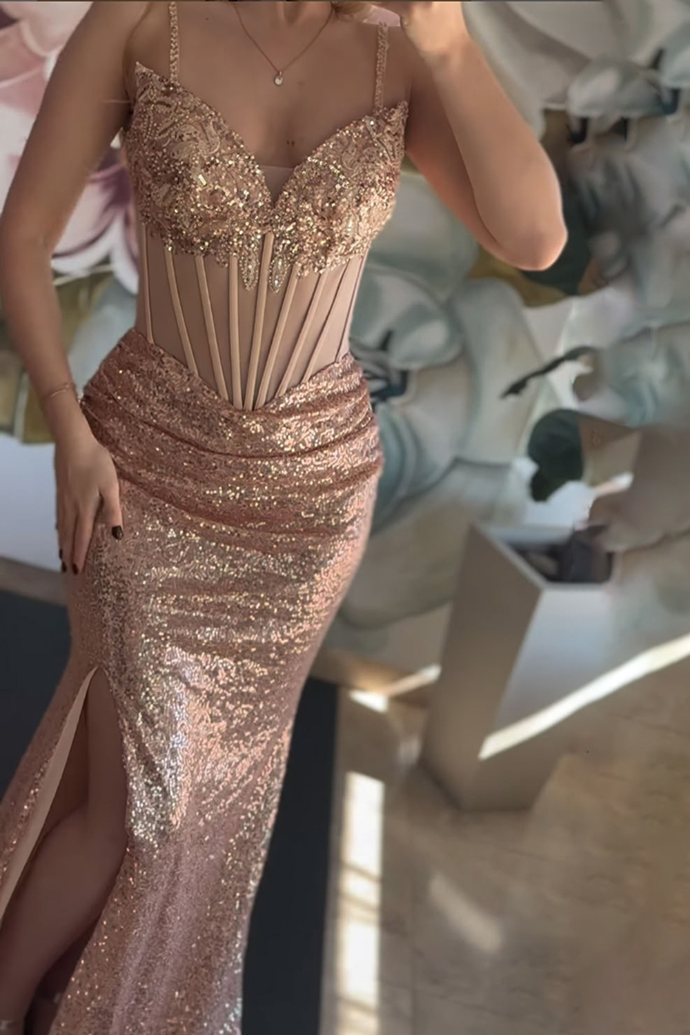 Sparkly Rose Gold Spaghetti Straps Sequin Mermaid Long Corset Prom Dress with Slit