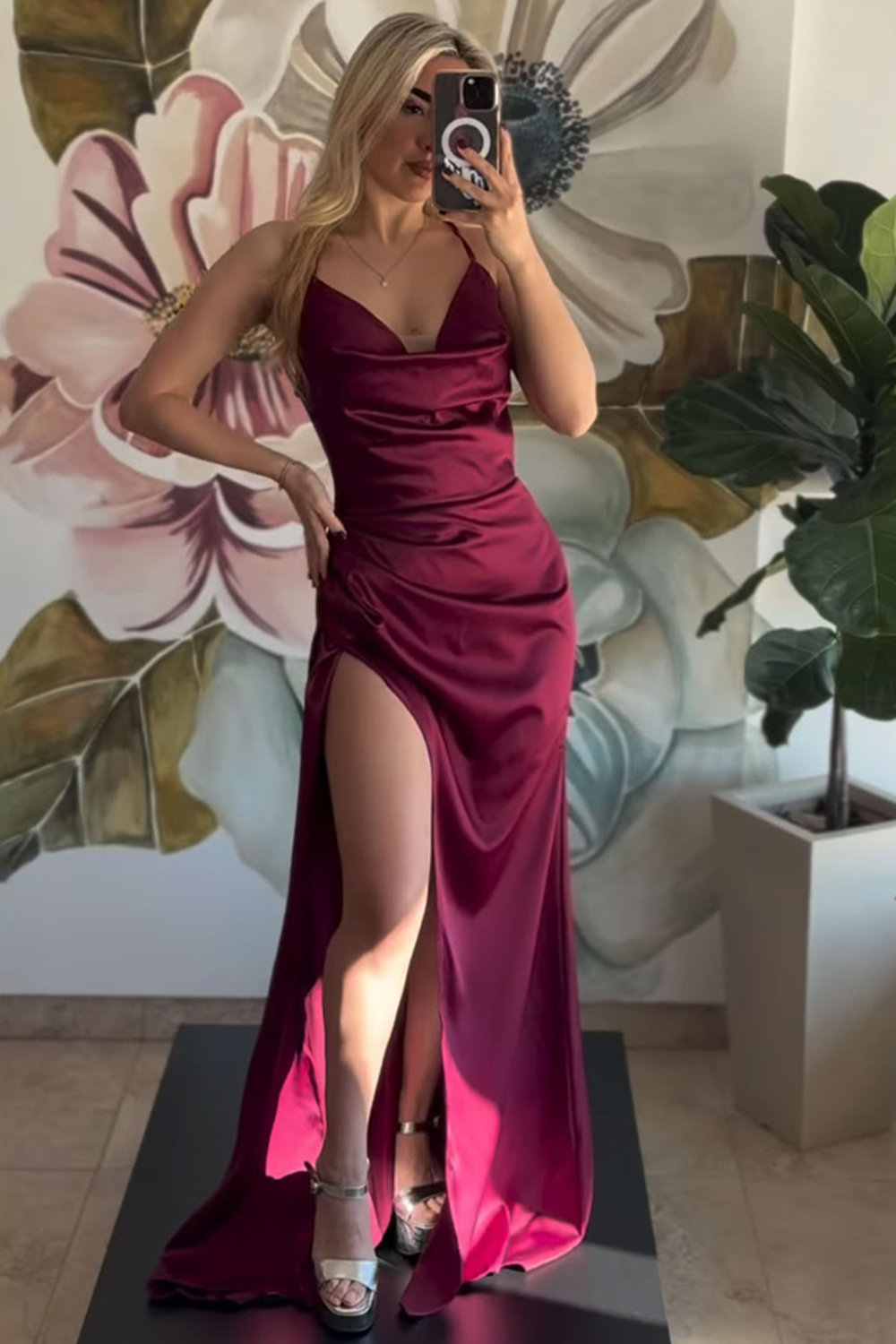 Burgundy Spaghetti Straps Mermaid Satin Long Prom Dress with Slit