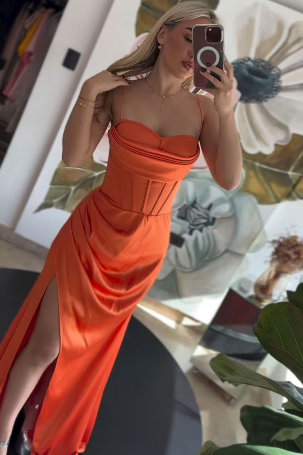 Orange Spaghetti Straps Mermaid Satin Long Corset Prom Dress with Slit