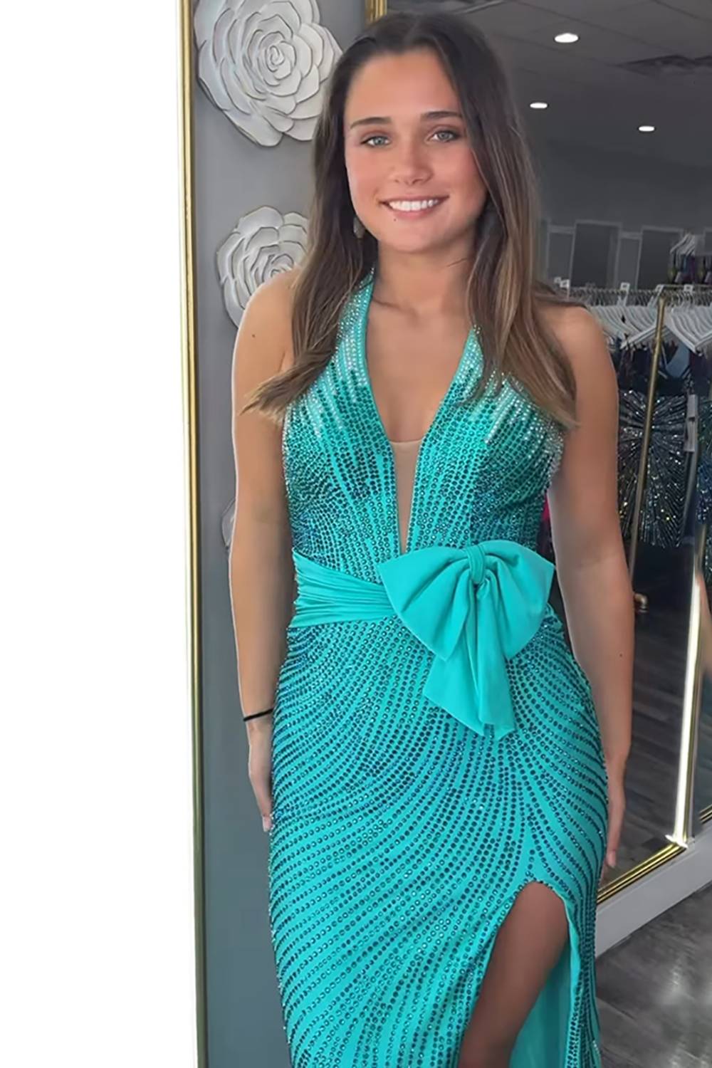 Sparkly Royal Blue Halter Mermaid Beaded Long Prom Dress with Bow