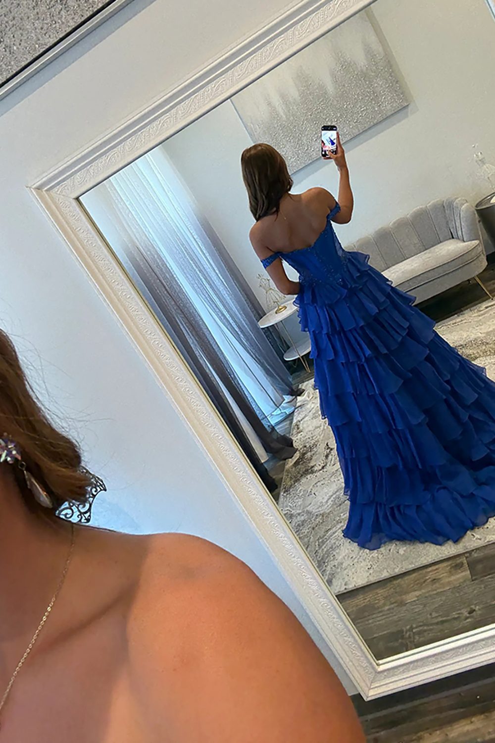 Light Blue Off the Shoulder Ball Gown Ruffled Long Corset Prom Dress with Slit