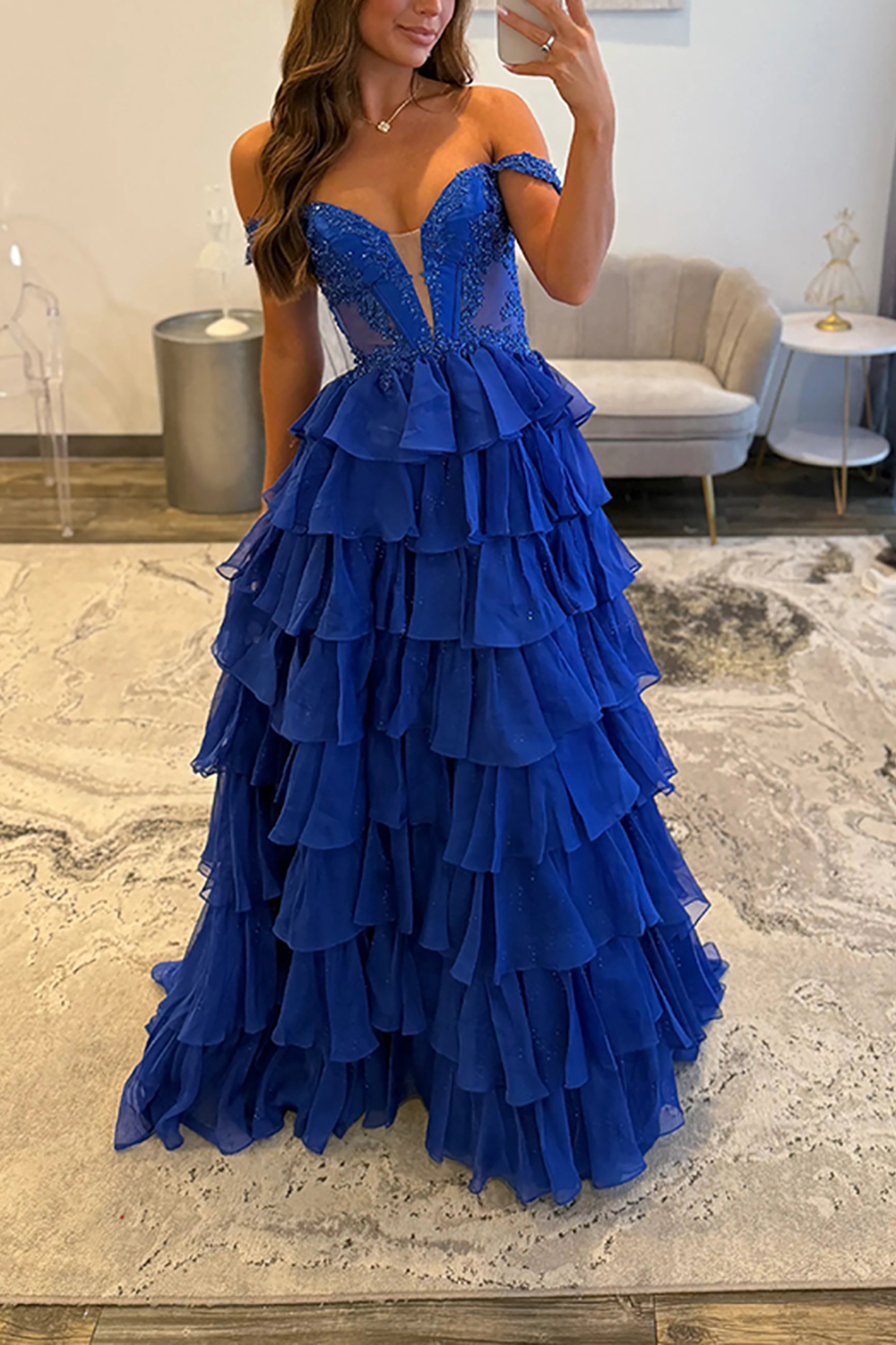 Light Blue Off the Shoulder Ball Gown Ruffled Long Corset Prom Dress with Slit