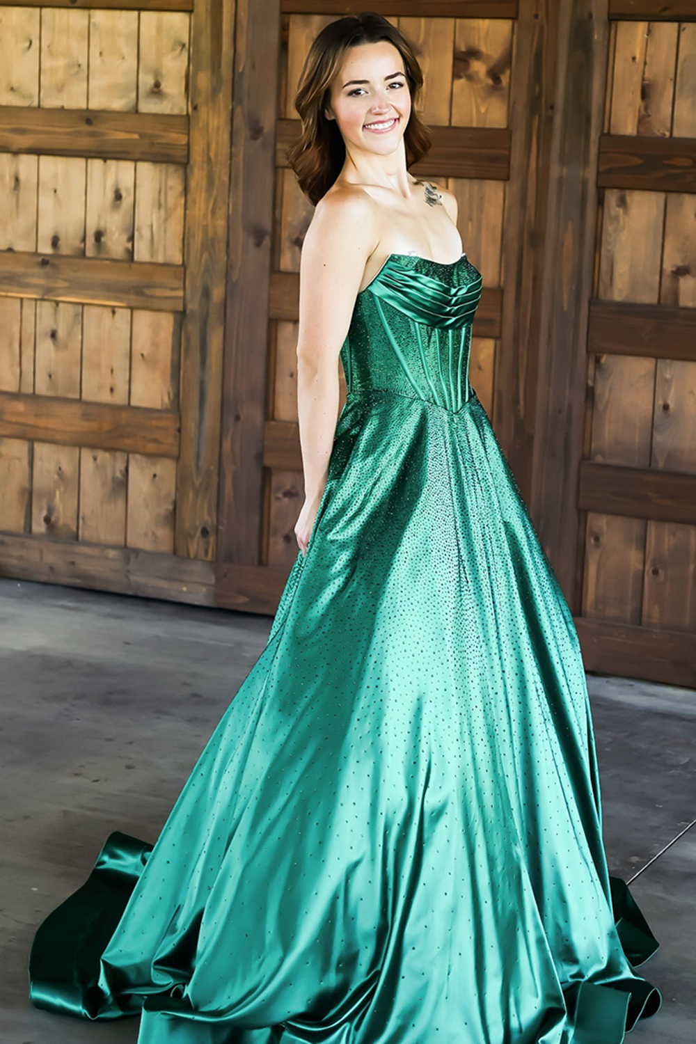 Sparkly Emerald Green Strapless A-Line Satin Long Corset Prom Dress with Beading