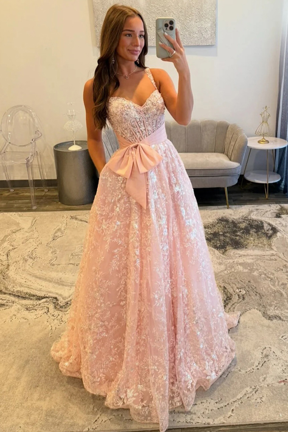 Sparkly White Lace Spaghetti Straps A-Line Long Corset Prom Dress with Bow