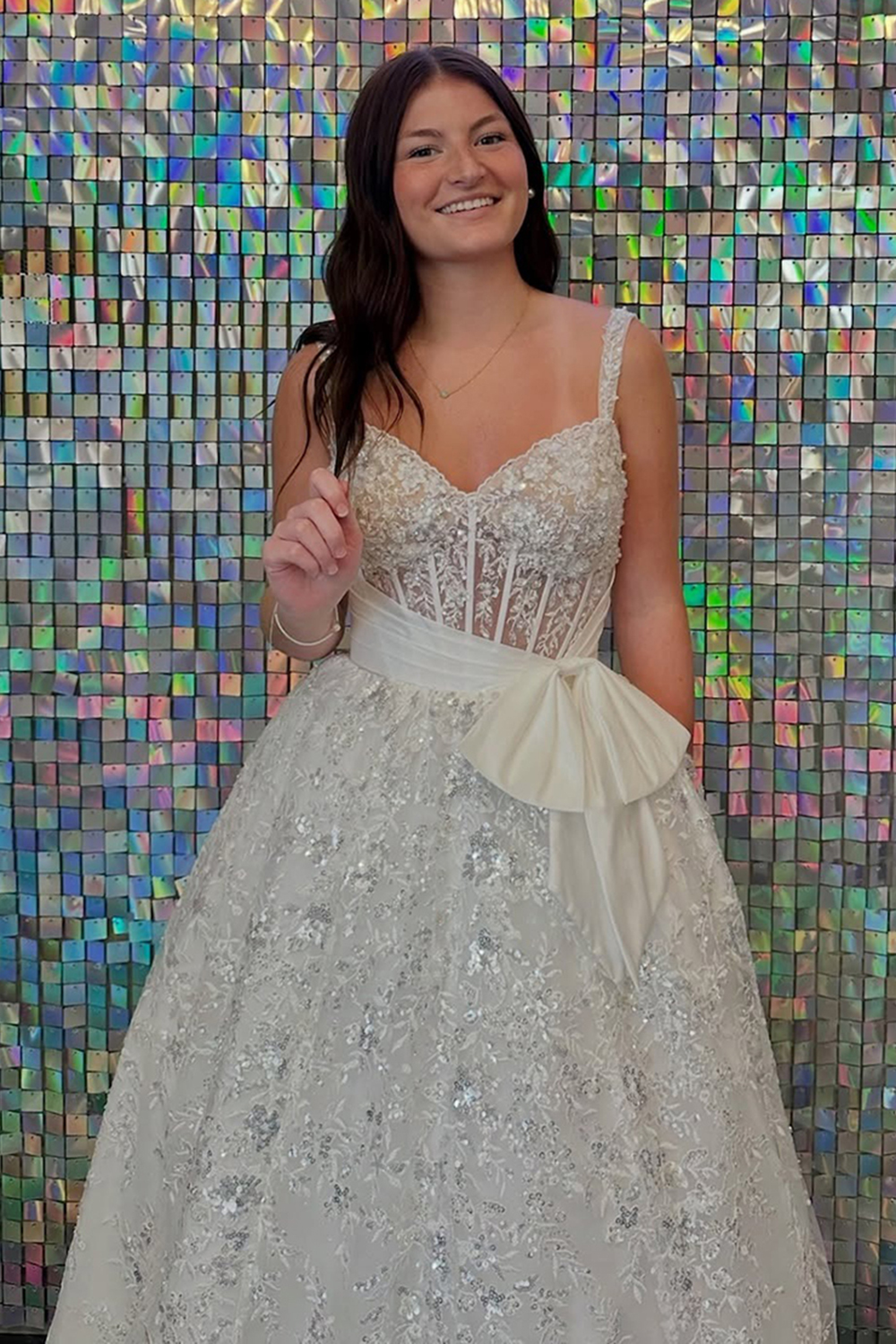 Sparkly White Spaghetti Straps A-Line Long Corset Prom Dress with Appliques