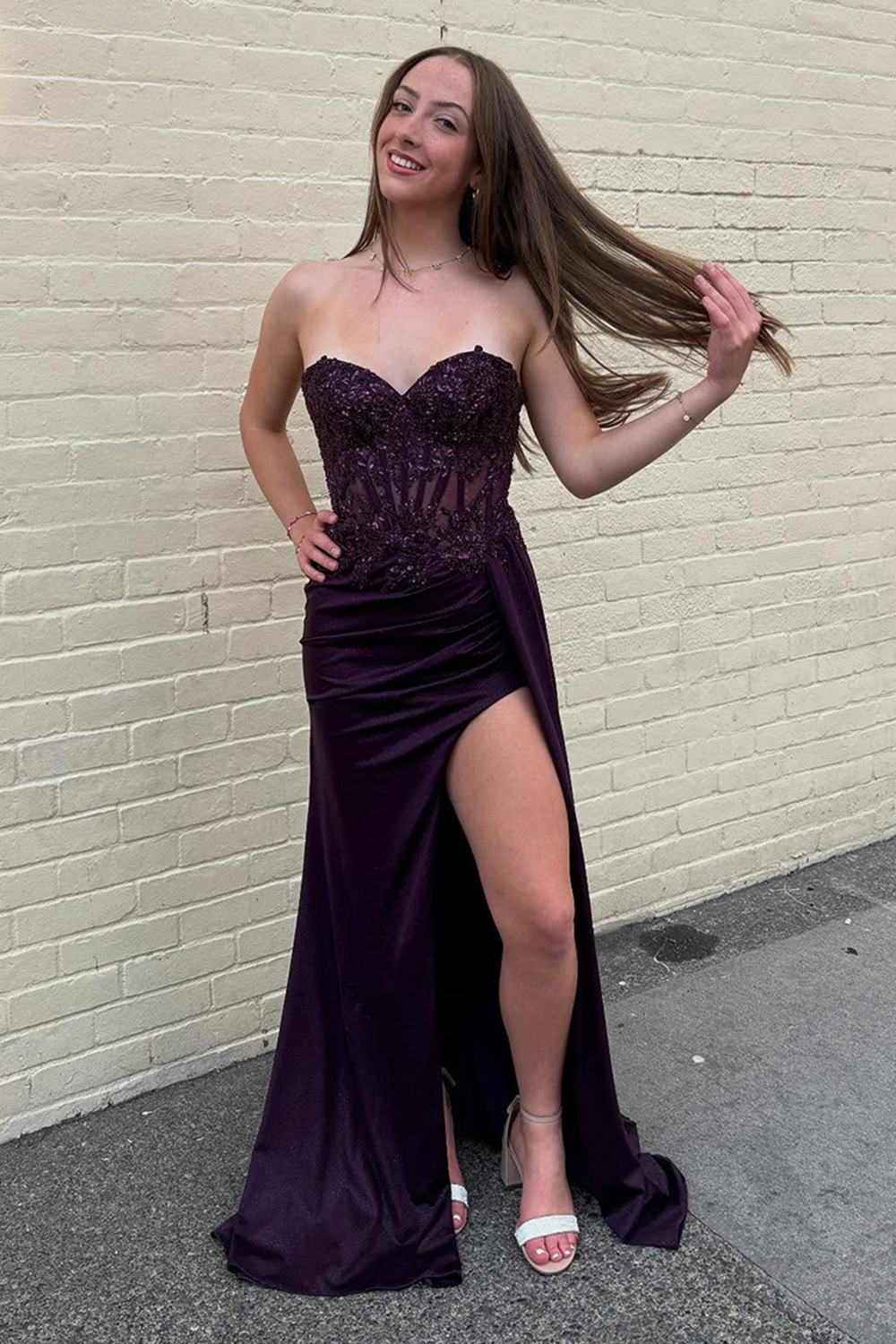 Grape Sweetheart Satin Mermaid Appliqued Long Corset Prom Dress with Slit