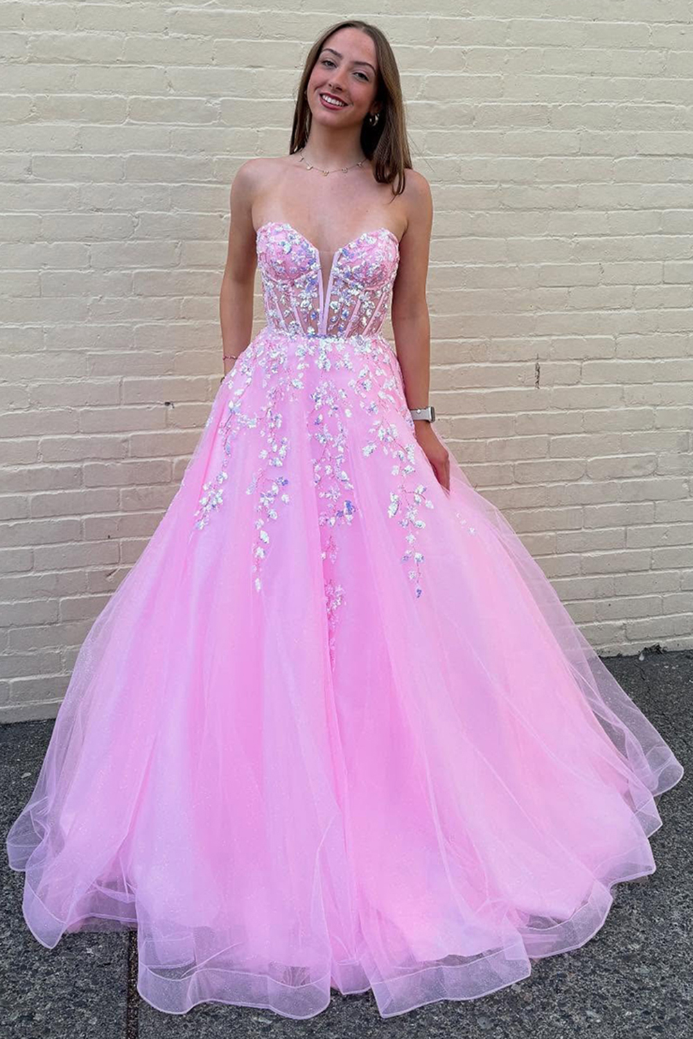 Pink Sweetheart Princess Tulle Long Corset Prom Dress with Appliques