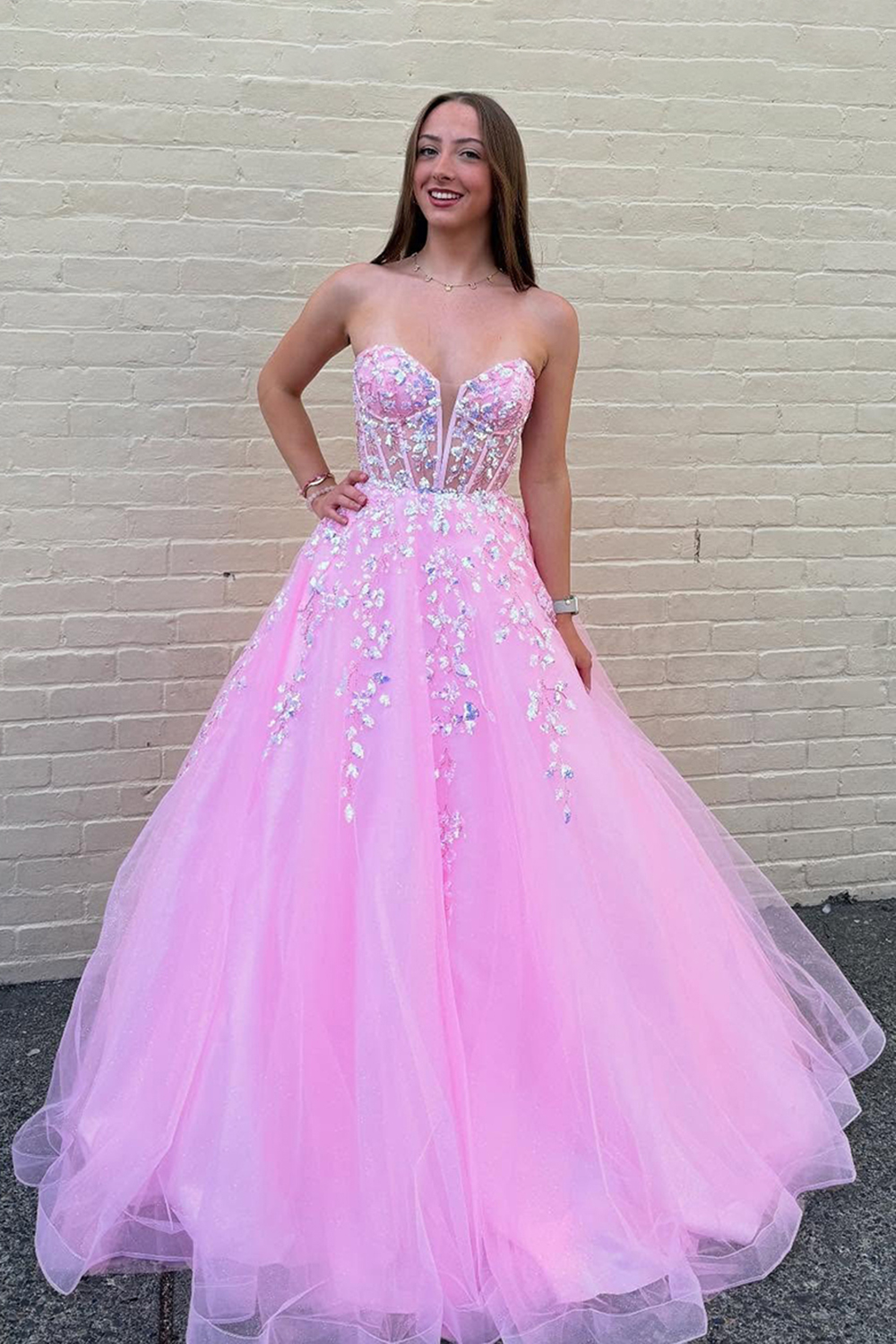 Pink Sweetheart Princess Tulle Long Corset Prom Dress with Appliques
