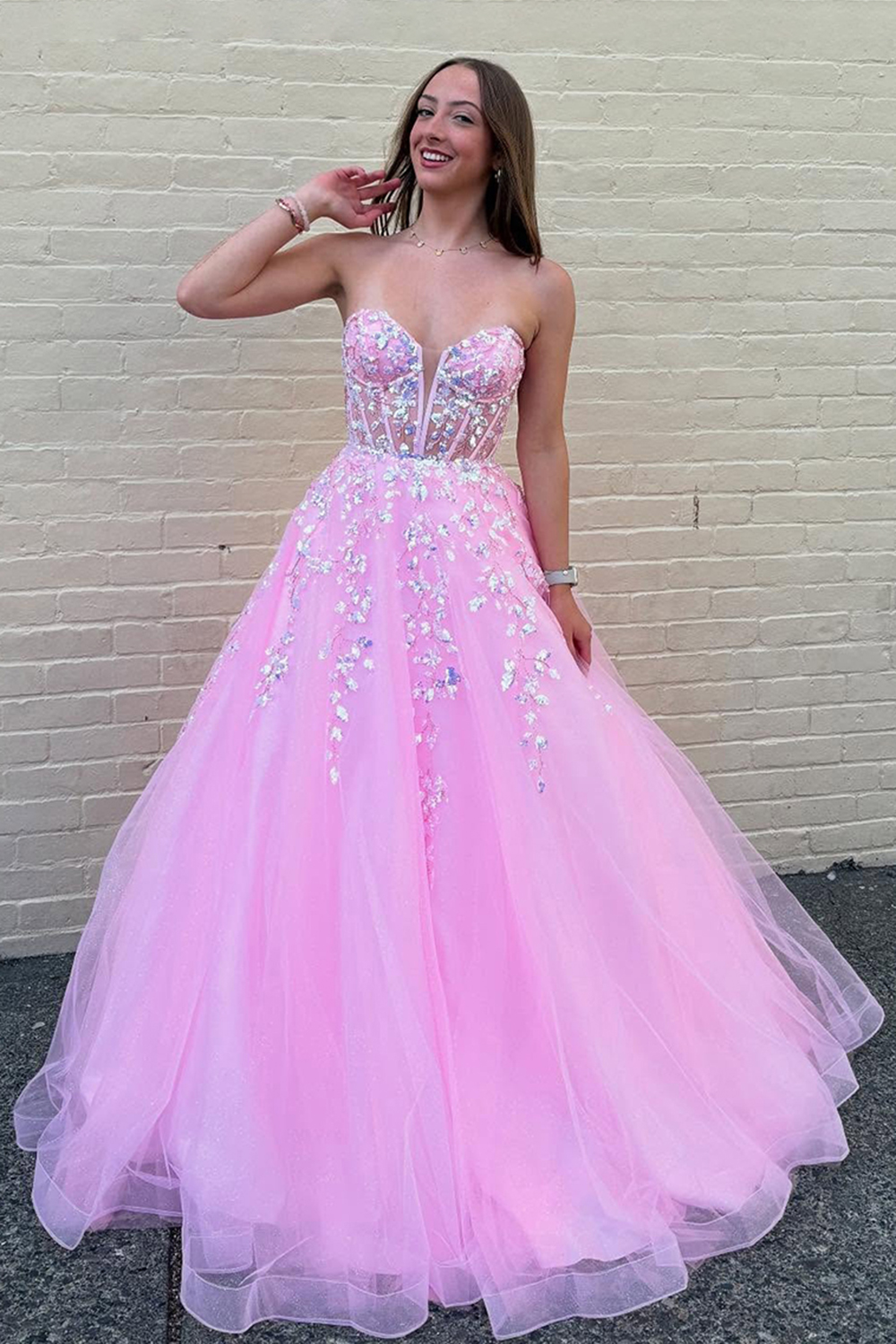 Pink Sweetheart Princess Tulle Long Corset Prom Dress with Appliques