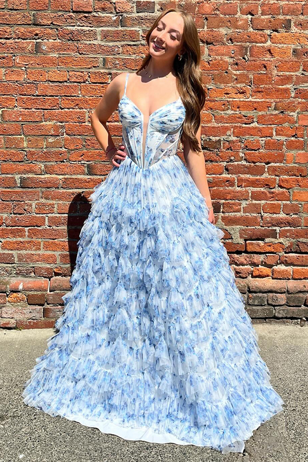 Blue Floral Spaghetti Straps Princess Tulle Ruffled Long Corset Prom Dress