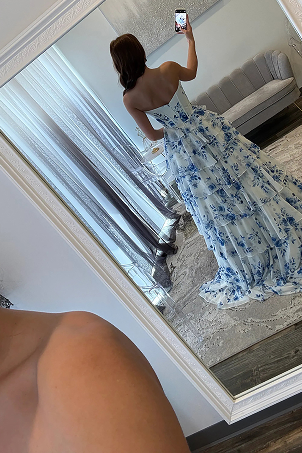 Blue Floral Ruffled Princess Sweetheart Long Corset Prom Dress with Slit