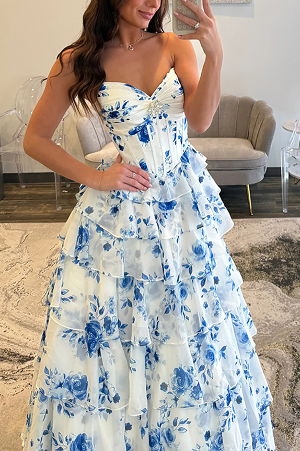 Blue Floral Ruffled Princess Sweetheart Long Corset Prom Dress with Slit