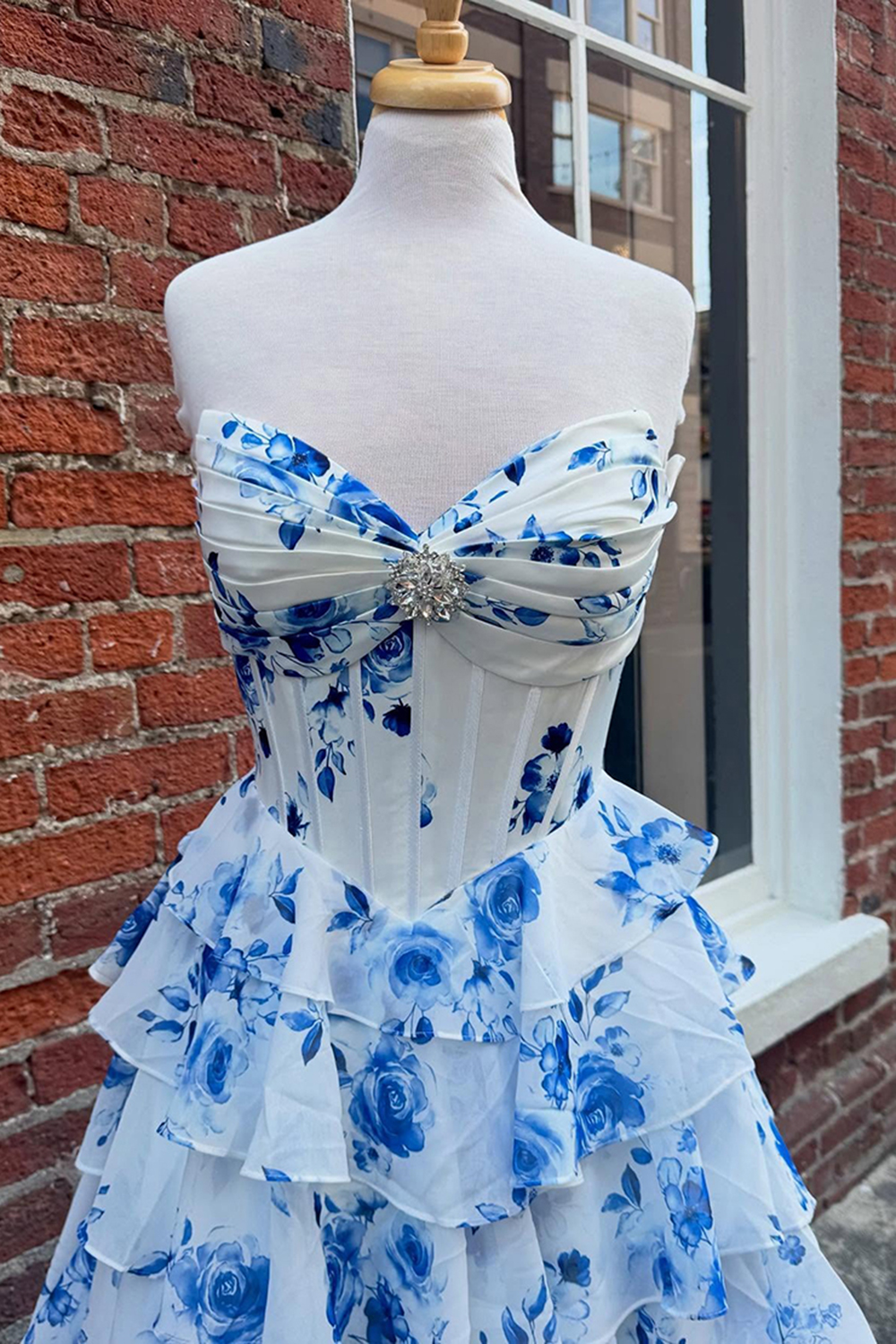 Blue Floral Sweetheart Princess Chiffon Ruffled Long Corset Prom Dress with Slit