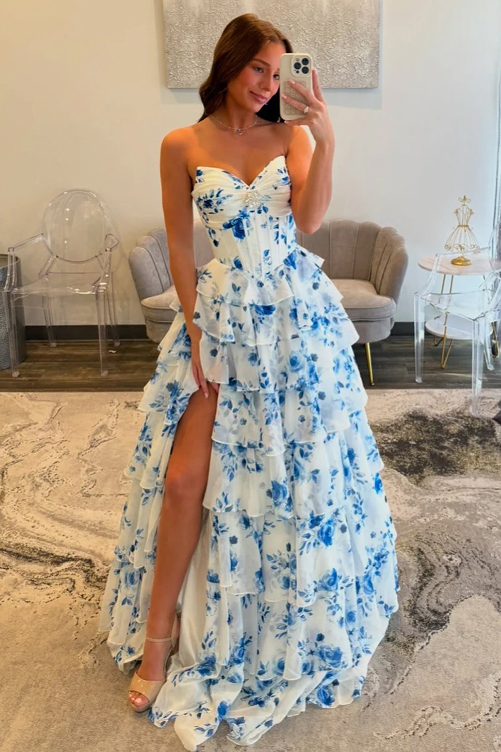 Blue Floral Ruffled Princess Sweetheart Long Corset Prom Dress with Slit