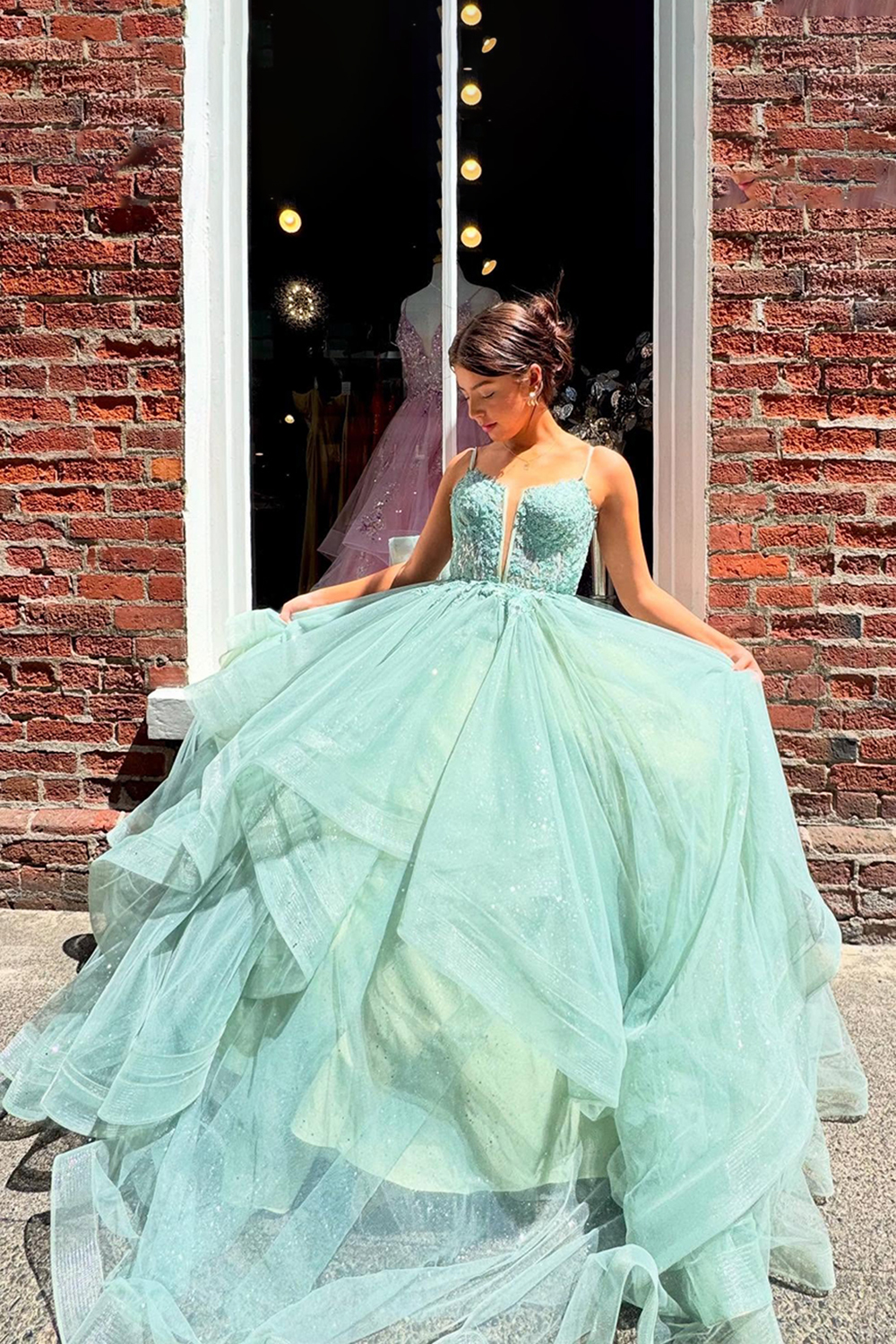 Sage Spaghetti Straps Princess Tulle Long Corset Prom Dress with Appliques