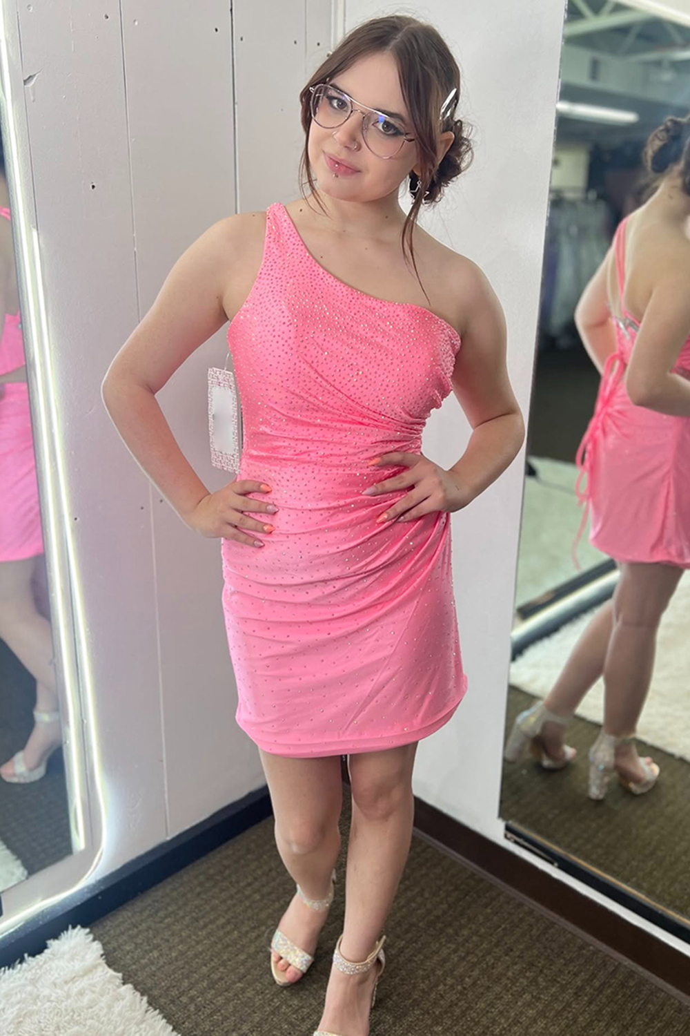 Sparkly Pink One Shoulder Satin Tight Short Homecoming Dress with Beading