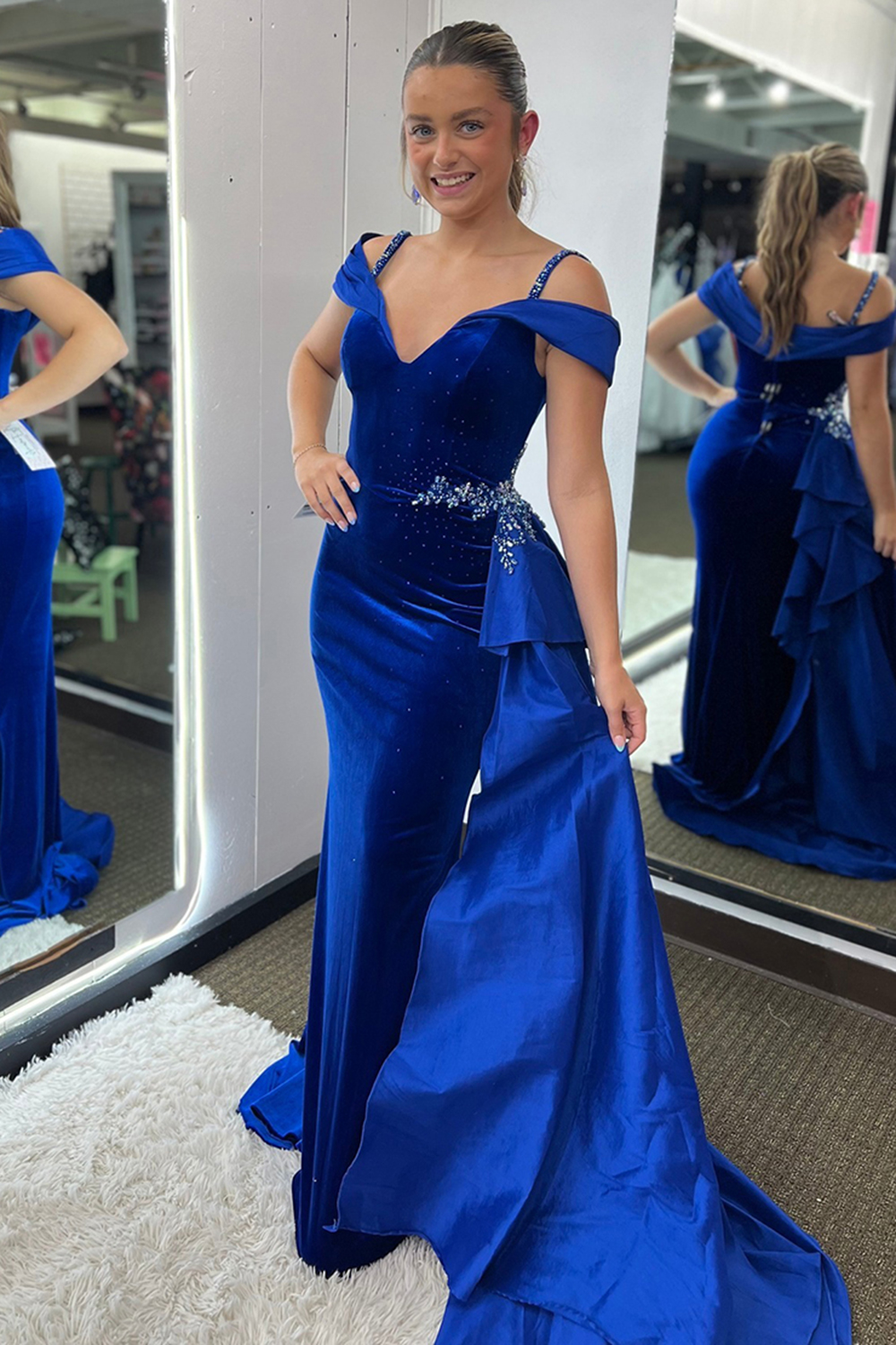 Royal Blue Cold Shoulder Velvet Mermaid Long Prom Dress with Side Cape