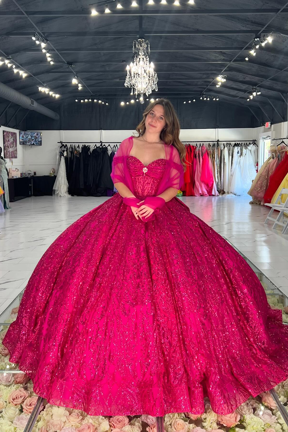 Glitter Red Appliqued Off The Shoulder Ball Gown Long Quinceanera Dress with Bow