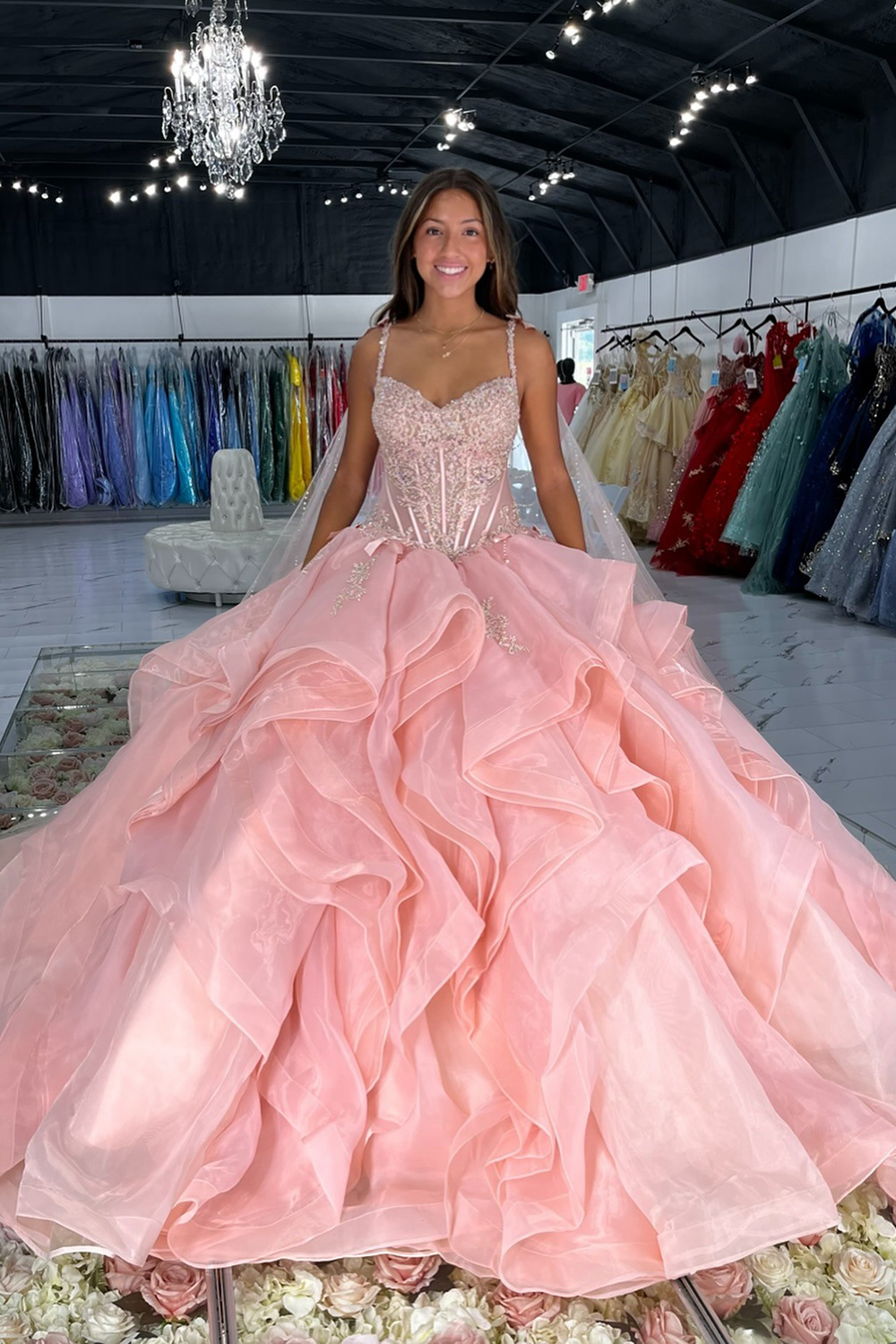 Pink Spaghetti Straps Appliqued Corset Ball Gown Long Oragnza Quinceanera Dress