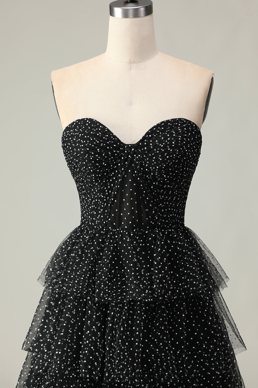Black and White Polka Dots Corset Ruffled Long Prom Dress with Slit