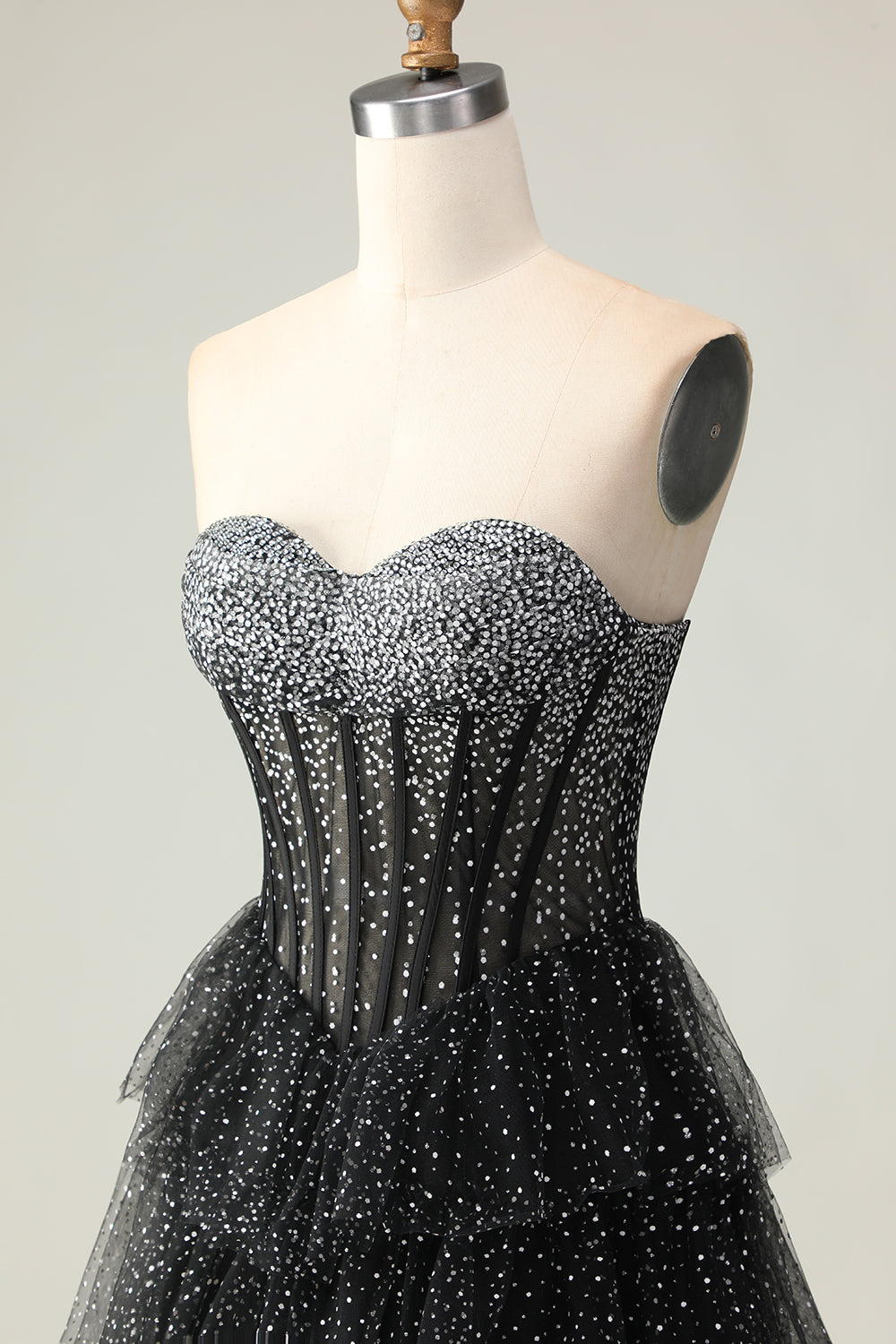 Sparkly Black and White Polka Dots Sweetheart Long Corset Prom Dress with Ruffles