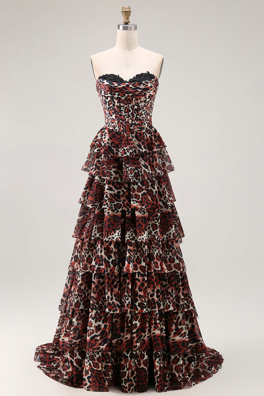 Brown Leopard Strapless A Line Ruffled Long Prom Dress