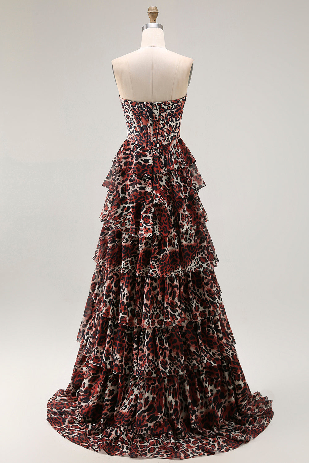 Brown Leopard Strapless A Line Ruffled Long Prom Dress